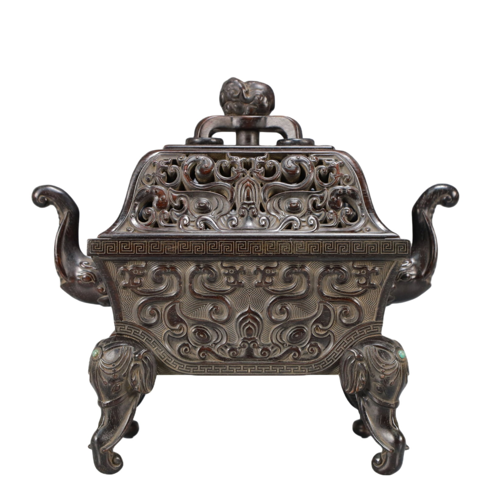 An Exquisite Zitanwood Dragon Pattern Elephant-Ears Censer: An Exquisite Zitanwood Dragon Pattern Elephant-Ears Censer,Qing Dynasty,China,Qianlong Six-character Mark,Size:10.6inx5.5inx9.7in,Weight:1000g 紫檀木龙纹象耳&