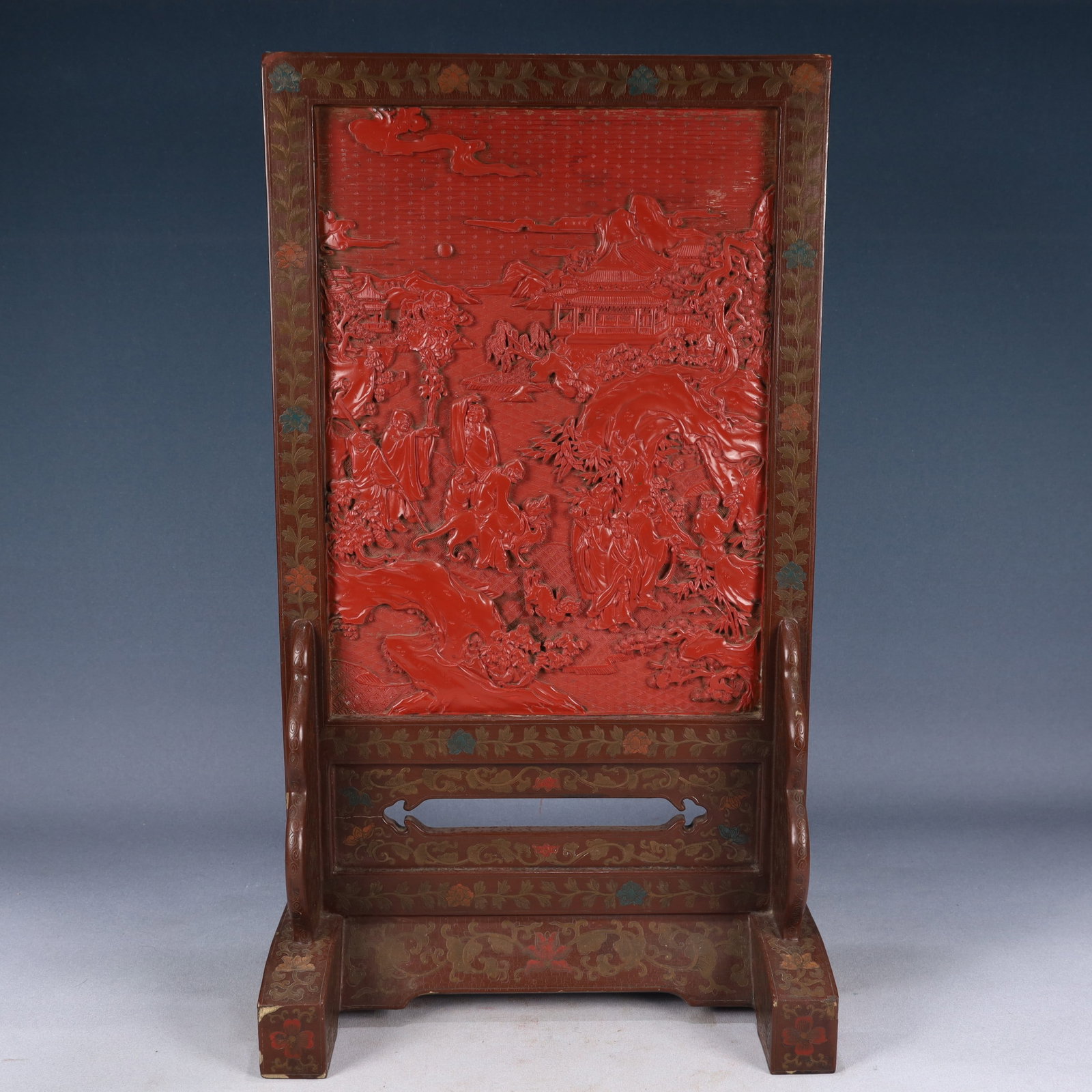 A Huge Carved Red Lacquer Landscape and Figure Pattern Table Screen: A Huge Carved Red Lacquer Landscape and Figure Pattern Table Screen,Qing Dynasty, China,Size:13inx8.3inx22.6in,Weight:2300g 剔红漆山水人物纹台