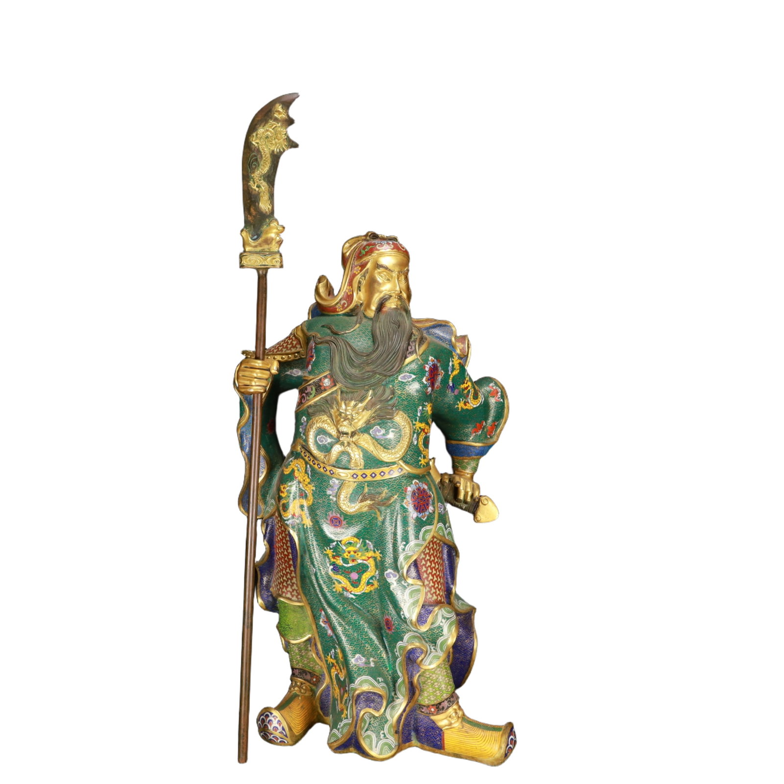 An Exquisite Cloisonne Lotus and Dragon Pattern Statue of Guan Gong: An Exquisite Cloisonne Lotus and Dragon Pattern Statue of Guan Gong,Qing Dynasty,China,Size:11.8inx9.1inx28in,Weight:20000g 景泰蓝缠枝莲龙纹关