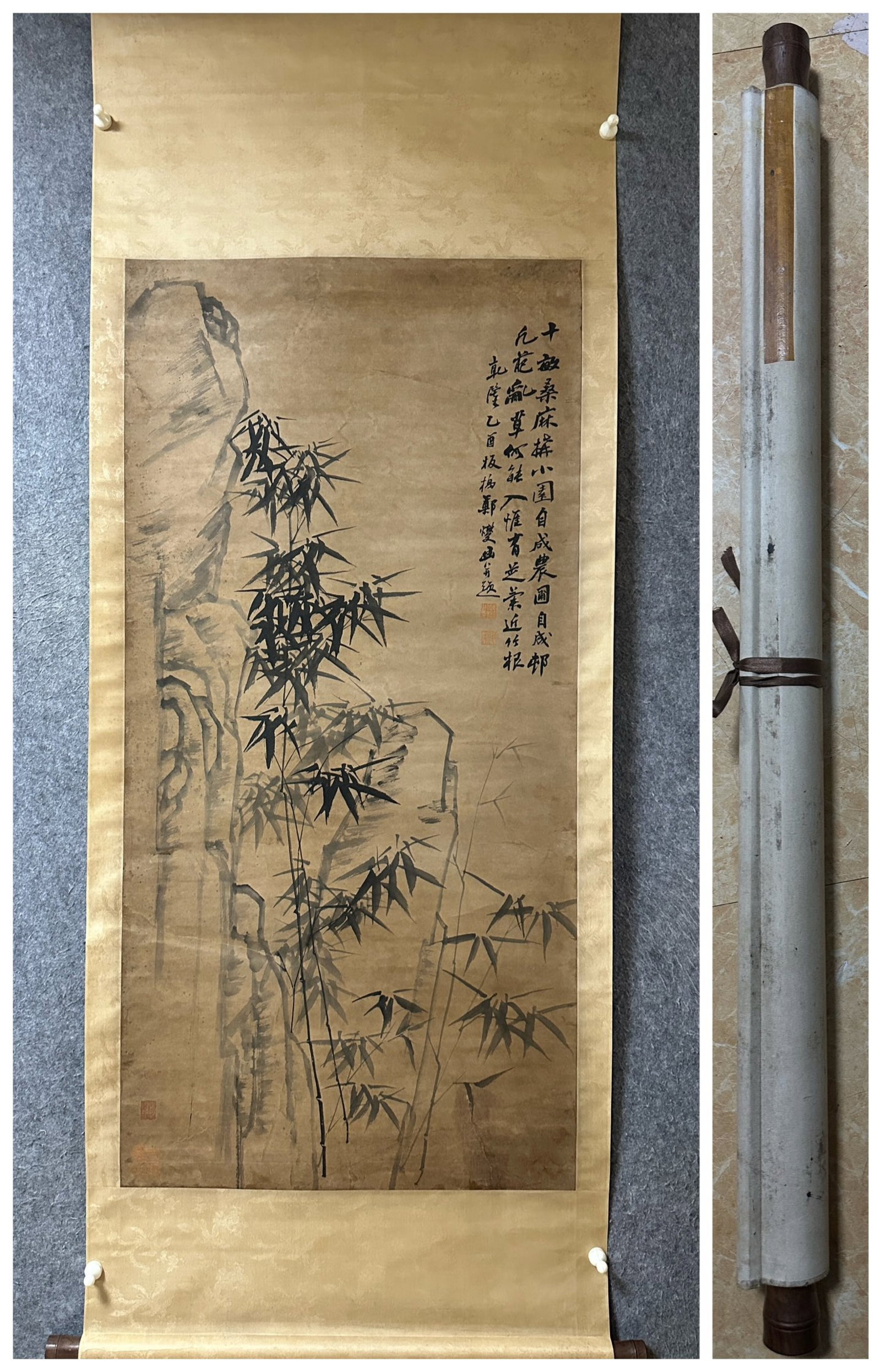A Chinese Vertical Scroll Ink Painting of Bamboo on Paper: A Chinese Vertical Scroll Ink Painting of Bamboo on Paper,Zheng Banqiao,Size:53.5inx26in 一幅中国水墨竹画立轴,郑板桥