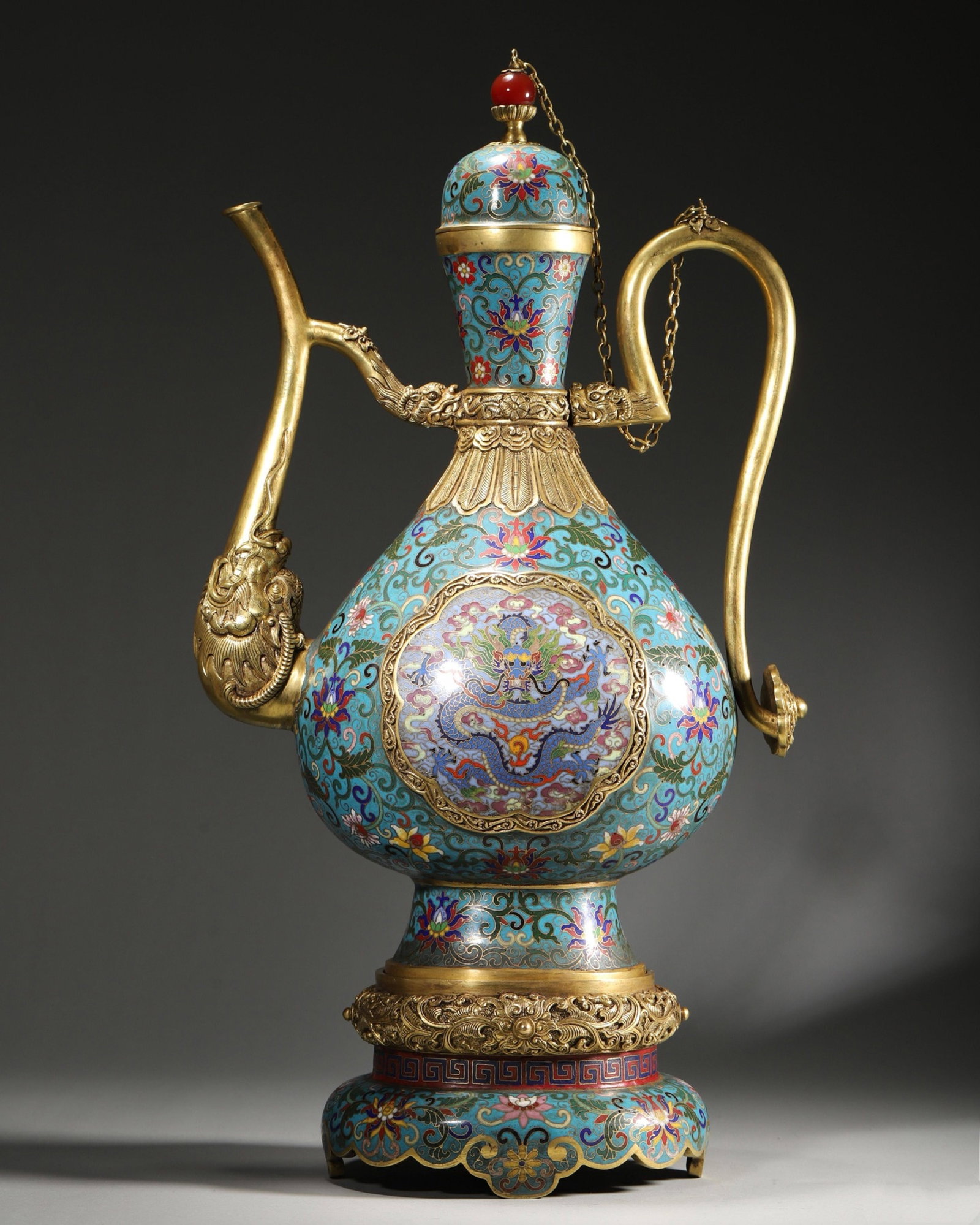 A Huge Cloisonne Lotus and Dragon Pattern Dragon-head Ewer: A Huge Cloisonne Lotus and Dragon Pattern Dragon-head Ewer,Qing Dynasty,China,Kangxi Four-character Mark,Size:11inx19.3in,Weight:6kg