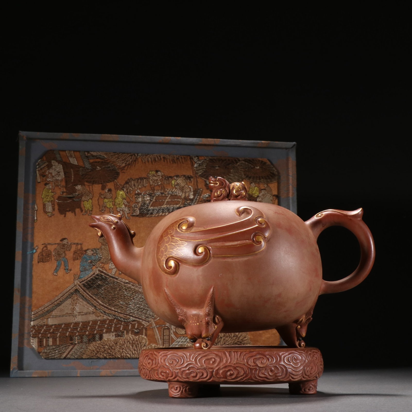 A Rare Purple Sands Painted Gold Phoenix-Shaped Beast Legs Teapot,With Base: A Rare Purple Sands Painted Gold Phoenix-Shaped Beast Legs Teapot,With Base,Qing Dynasty,China,Chen Mingyuan Mark,Size:6.5inx8.9in