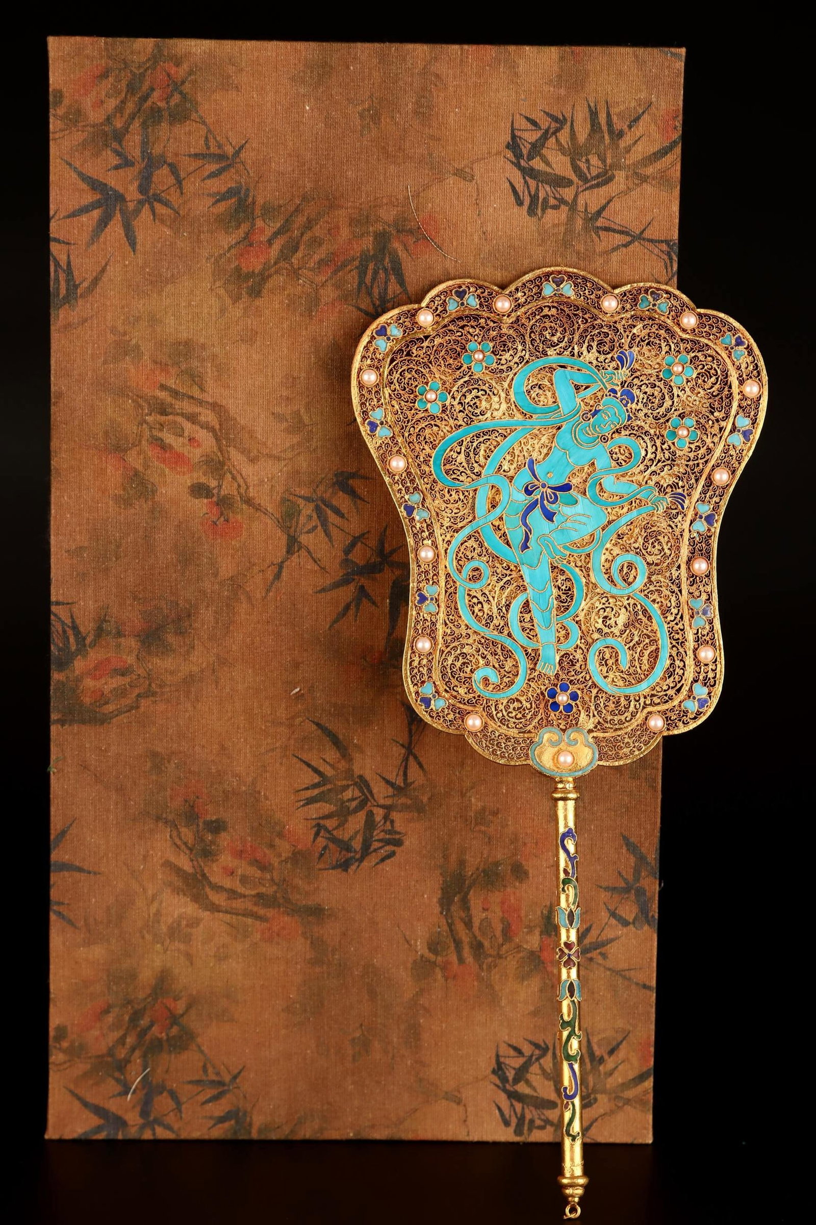 A Rare Filigree and Gilding Tian-Tsui Figure Pattern Fan,Inlaid Pearls: A Rare Filigree and Gilding Tian-Tsui Figure Pattern Fan,Inlaid Pearls,Qing Dynasty,China,Size:14.2inx6.3in,Weight:302g