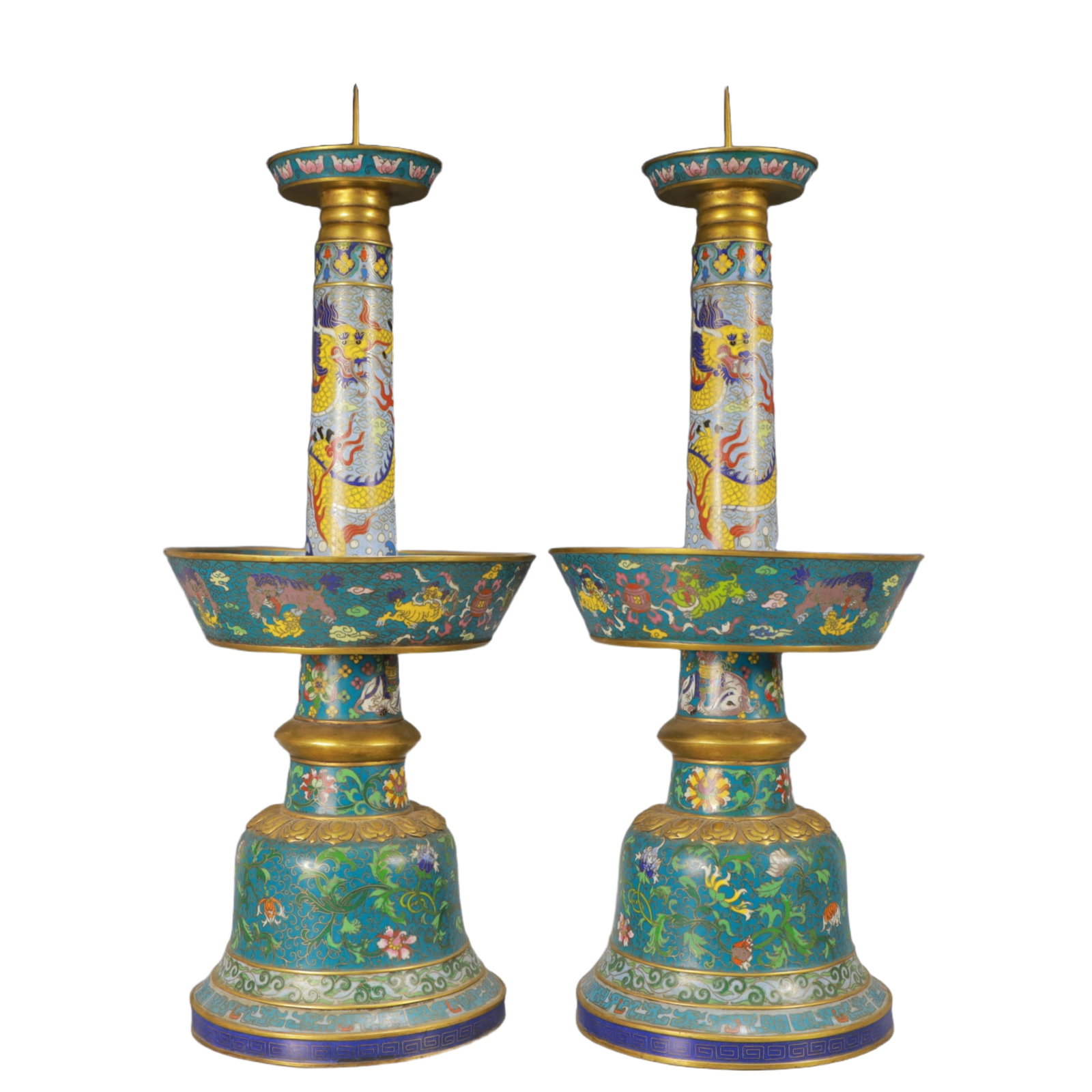 A Pair of Huge Cloisonne Dragon Pattern Candlesticks: A Pair of Huge Cloisonne Dragon Pattern Candlesticks,Qing Dynasty, China,Size:9.1inx22.4in,Total Weight:13700g 一对景泰蓝龙纹烛台,中国