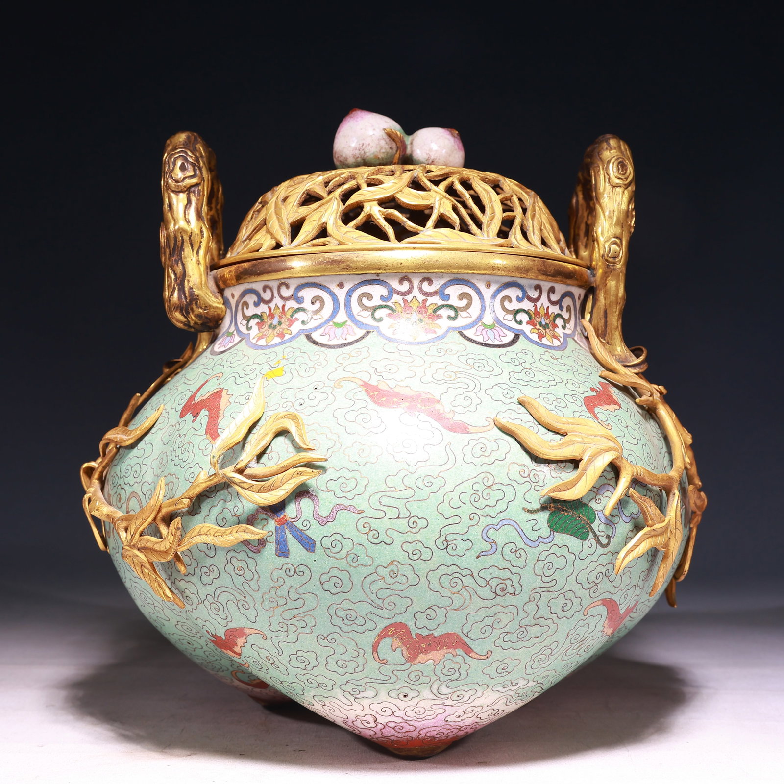 A Rare Cloisonne Eight Treasures Auspicious Cloud Bats Pattern Double-Ears Censer: A Rare Cloisonne Eight Treasures Auspicious Cloud Bats Pattern Double-Ears Censer,Qing Dynasty, China,Qianlong Four-character Mark,Size:11.8inx11inx11.8in,Weight:4250g 景泰蓝八
