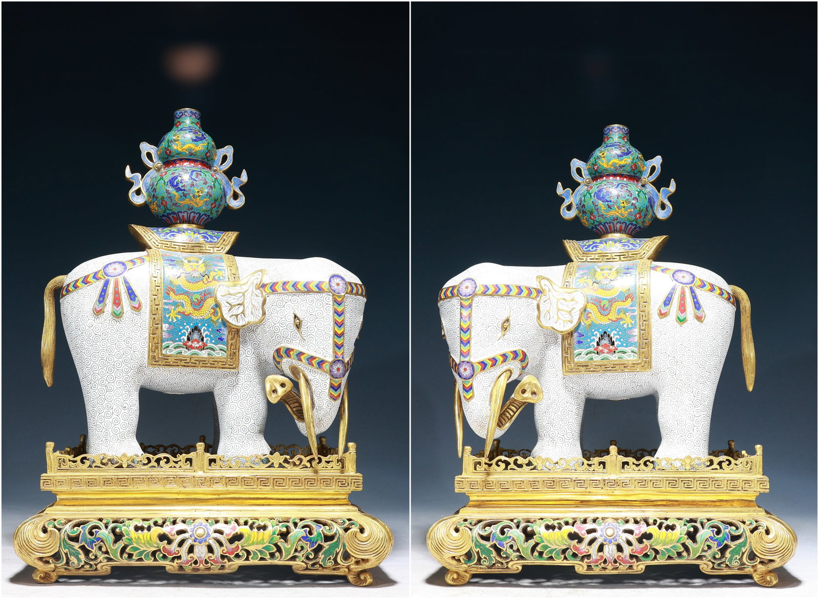 A Pair of Huge Cloisonne Lotus and Dragon Pattern Elephant Ornaments,With Base: A Pair of Huge Cloisonne Lotus and Dragon Pattern Elephant Ornaments,With Base,Qing Dynasty, China,Qianlong Four-character Mark,Size:13inx9.1inx18.1in,Weight:31000g 一对景泰