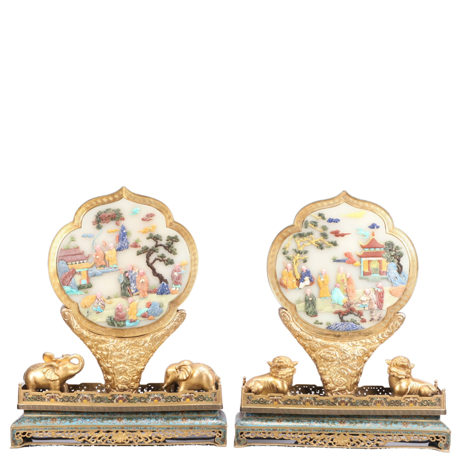A Pair of Rare Cloisonne Inlaid Gems Arhat Pattern Table Screens,with poem: A Pair of Rare Cloisonne Inlaid Gems Arhat Pattern Table Screens,with poem,Qing Dynasty, China,Qianlong Four-character Mark,Size:18.5inx4.3inx22in,Total Weight:16700g 一对景泰&