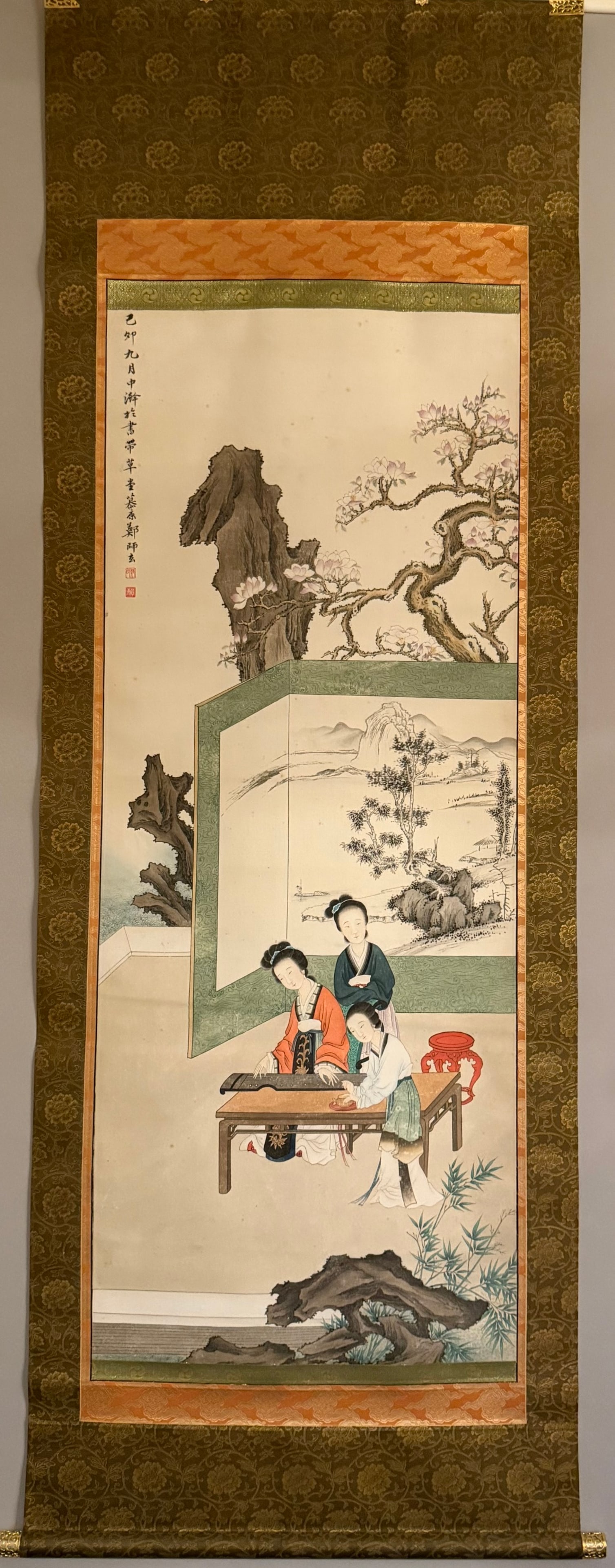 A Chinese Vertical Scroll Ink Painting of Character and Story on Paper: A Chinese Vertical Scroll Ink Painting of Character and Story on Paper,Zheng Mukang,Size:51.2inx20.5in 一幅中国水墨人物故事画立&