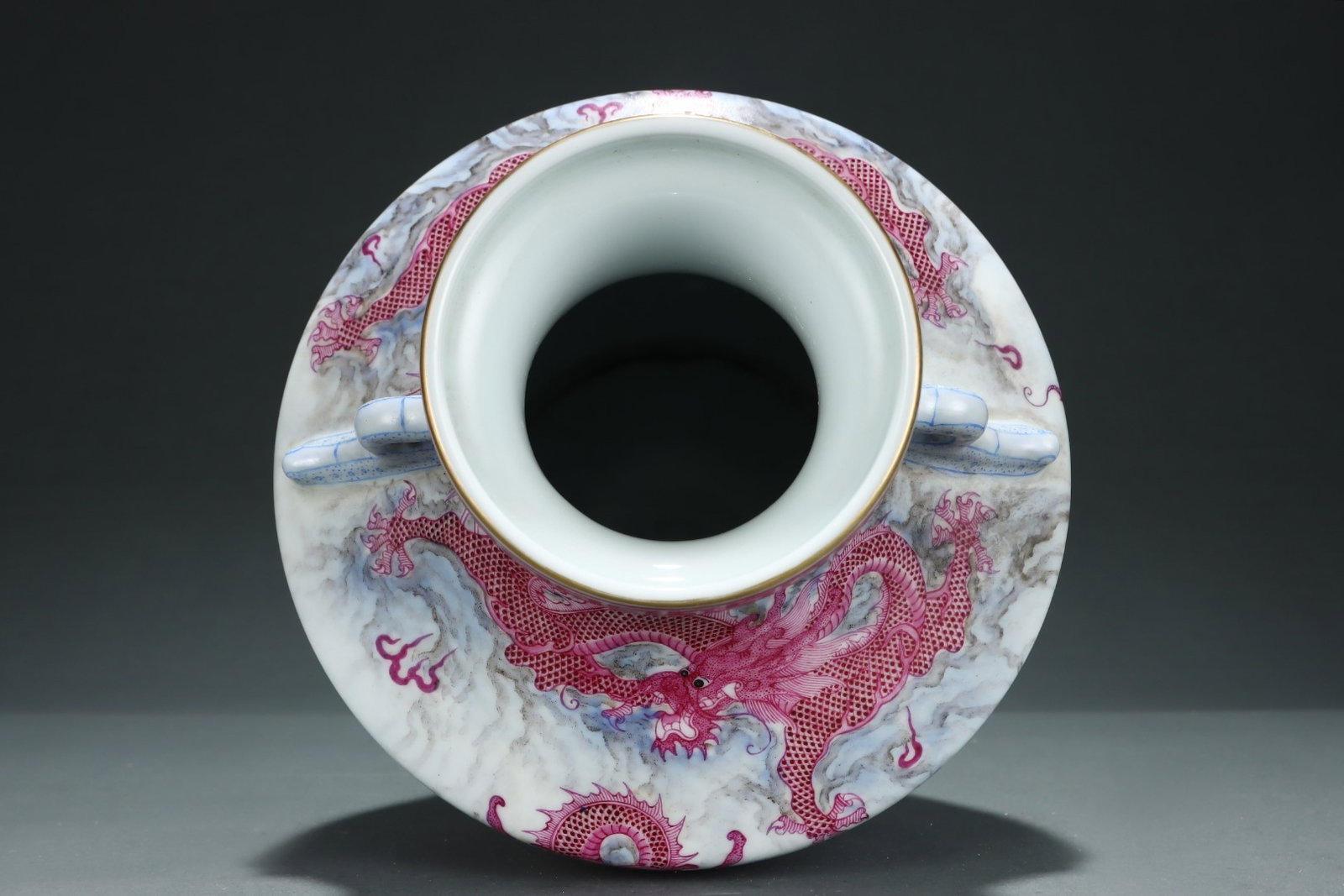 An Exquisite Ink Color Ruby Red-Glazed Auspicious Cloud Pattern Dragon Pattern Double-Ears Vase,With - 4
