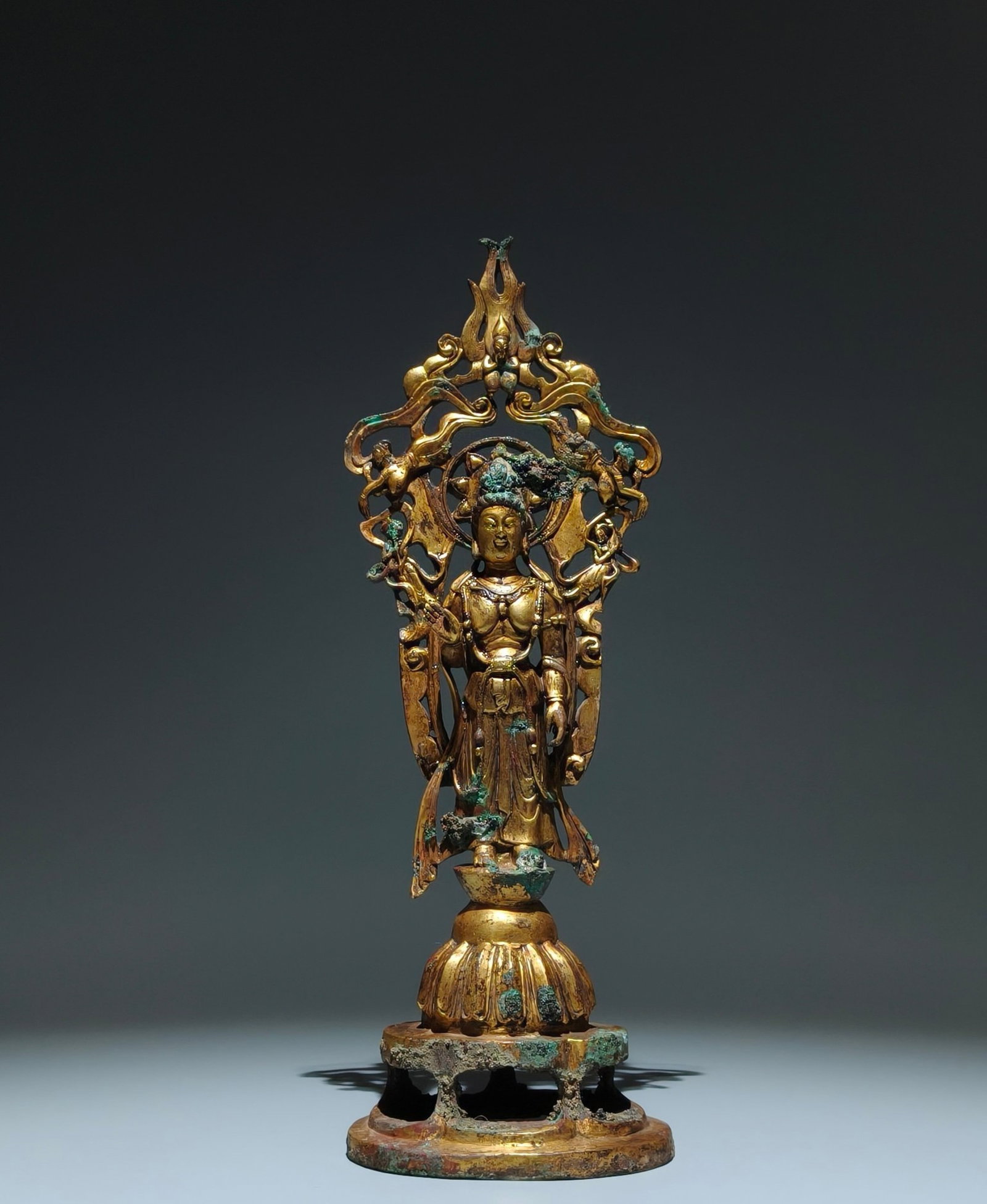 A Solemn Gilt Bronze Statue of Bodhisattva: A Solemn Gilt Bronze Statue of Bodhisattva,N.Qi,China,Size:14.8inx5.1inx4.1in 铜鎏金菩萨像,中国北齐时期