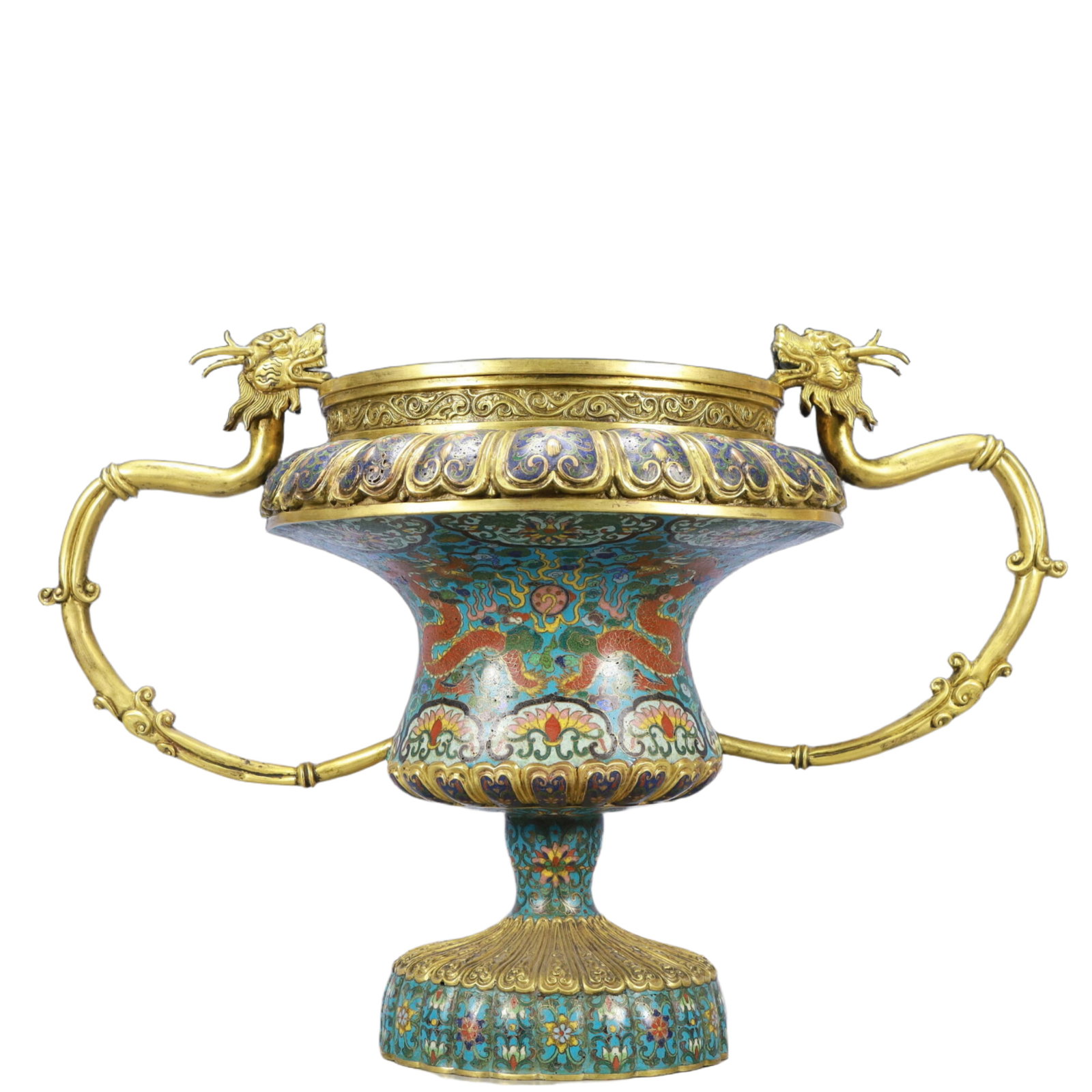 A Huge Cloisonne Lotus and Dragon Pattern Double-Ears Censer: A Huge Cloisonne Lotus and Dragon Pattern Double-Ears Censer,Qing Dynasty,China,Qianlong Four-character Mark,Size:19.3inx11inx12.6in,Weight:4200g