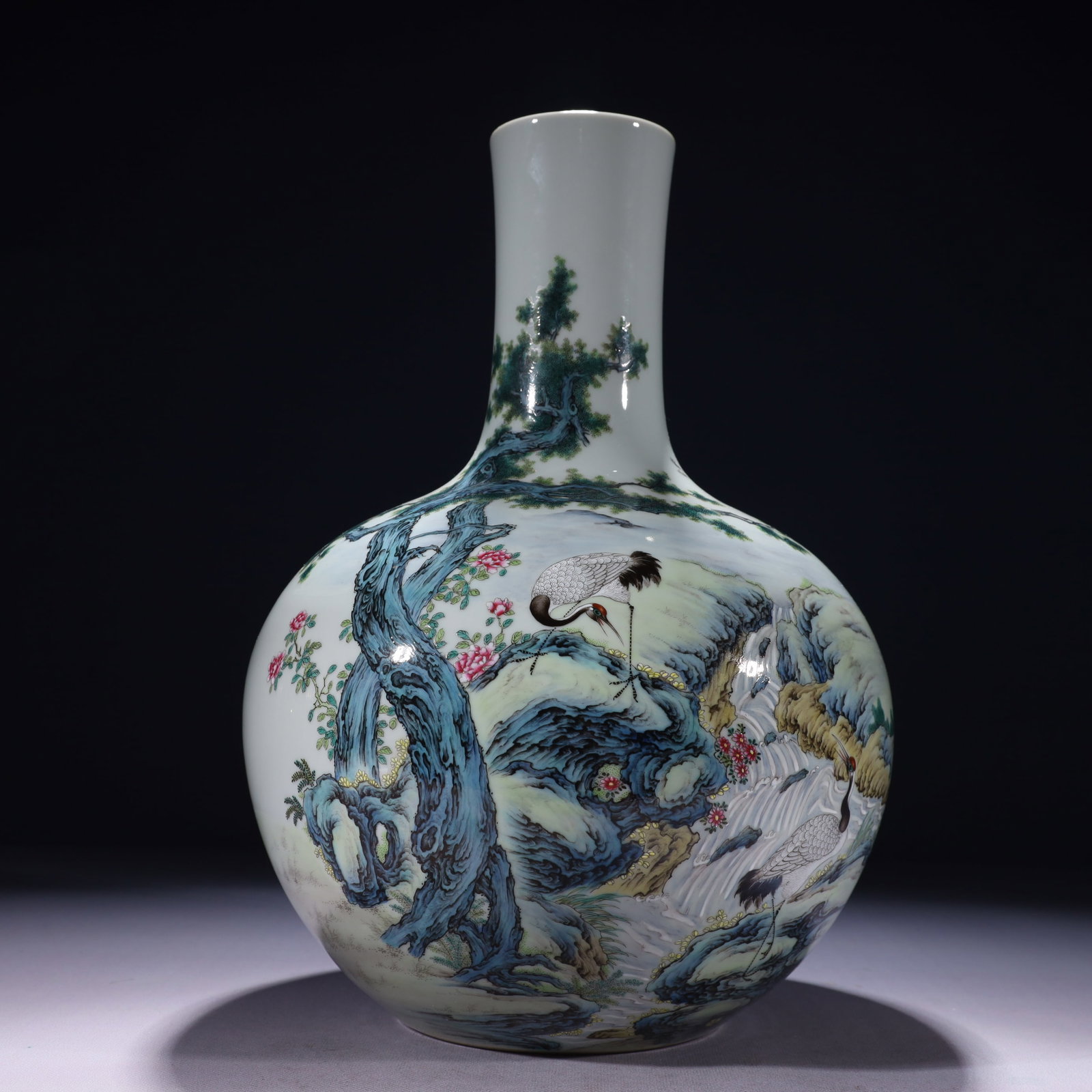 An Exquisite Enamel Pine and Crane Pattern Vase,with poem: An Exquisite Enamel Pine and Crane Pattern Vase,with poem,Qing Dynasty,China,Yongzheng Six-character Mark,Size:9.1inx15in,Weight:4150g