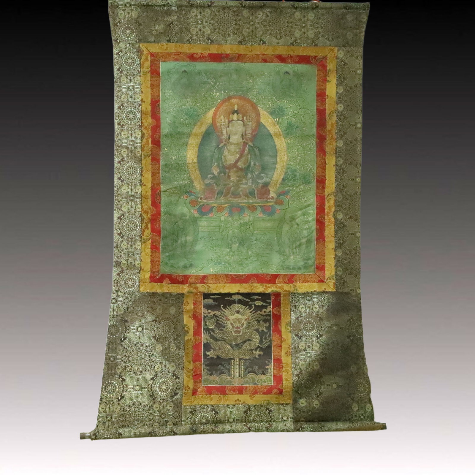 A Rare Brocade Painted Color Statue of Sakyamuni Tangka: A Rare Brocade Painted Color Statue of Sakyamuni Tangka,Qing Dynasty, China,Size:36.2inx57.1in