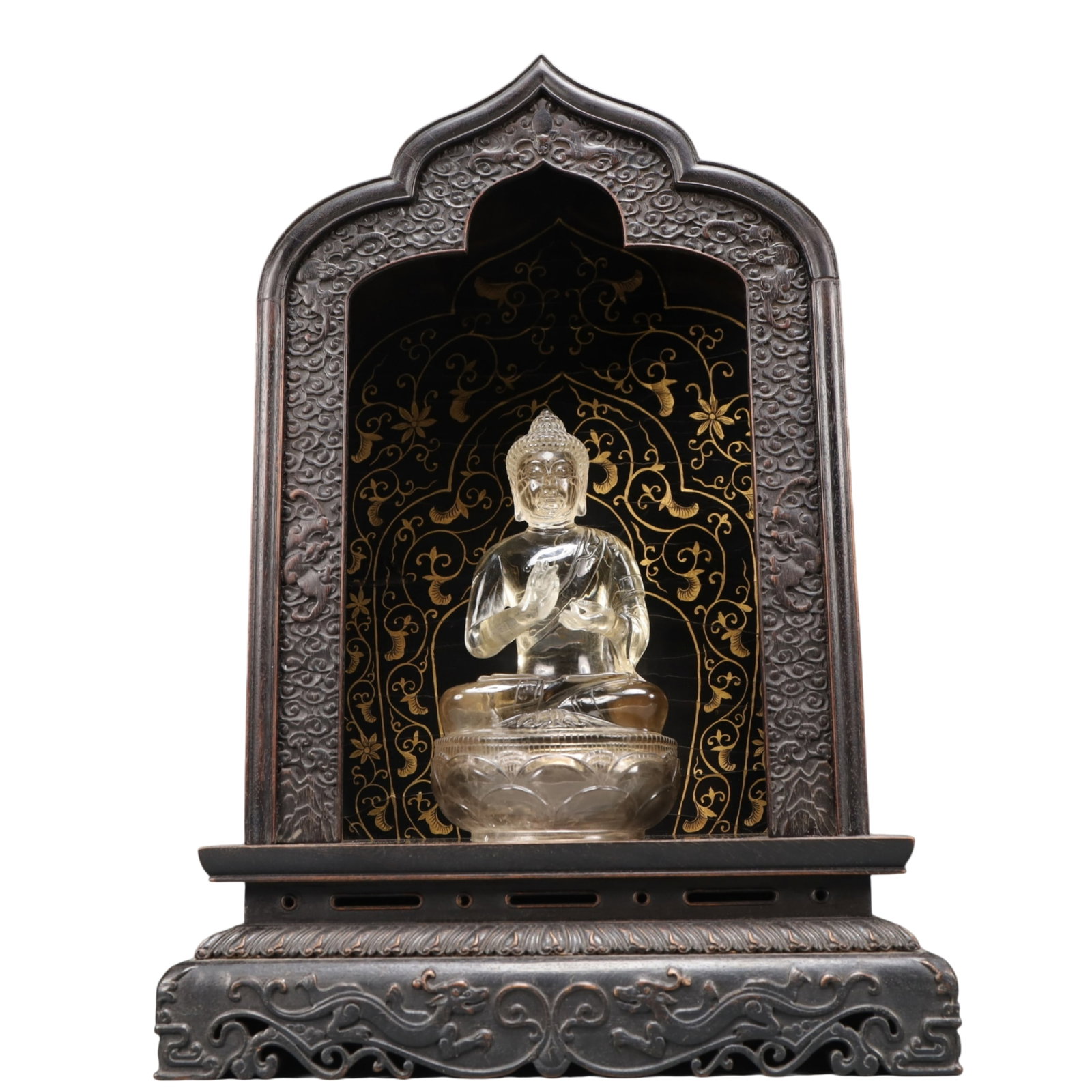 A Precious Zitanwood Painted Gold Lotus Pattern Niche,With Crystal Statue of Sakyamuni: A Precious Zitanwood Painted Gold Lotus Pattern Niche,With Crystal Statue of Sakyamuni,Qing Dynasty, China,Size:10.2inx6.7inx14.6in Weight:2450g
