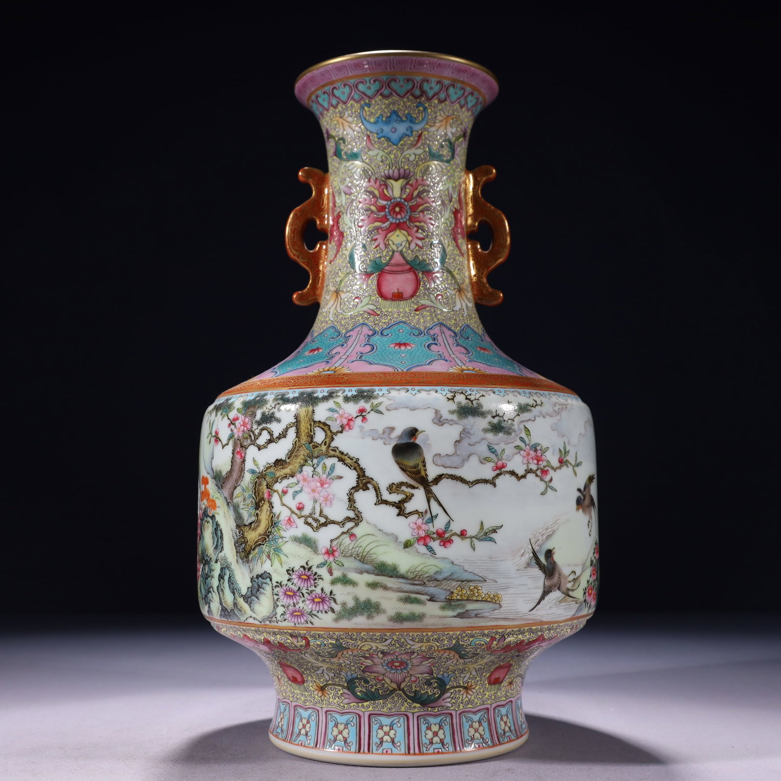 An Exquisite Famille-Rose Painted Gold Flower and Bird Pattern Double-Ears Vase,with poem: An Exquisite Famille-Rose Painted Gold Flower and Bird Pattern Double-Ears Vase,with poem,Qing Dynasty,China,Qianlong Six-character Mark,Size:6.7inx12.2in,Weight:2350g 粉彩描金