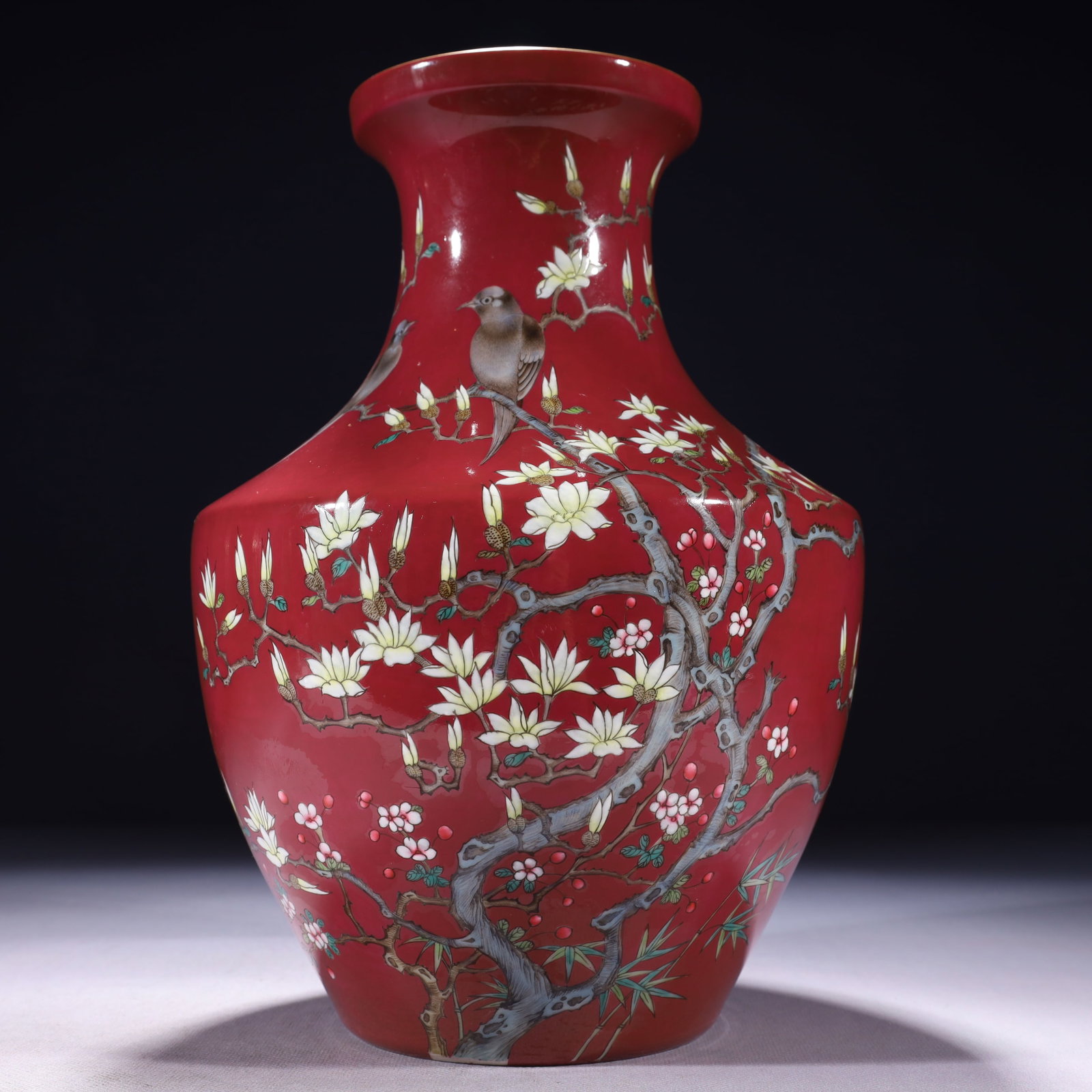 An Exquisite Ruby Red-Glazed Famille-Rose Painted Gold Flower and Bird Pattern Vase: An Exquisite Ruby Red-Glazed Famille-Rose Painted Gold Flower and Bird Pattern Vase,Qing Dynasty,China,Yongzheng Six-character Mark,Size:7.5inx11.4in,Weight:1900g 胭脂红粉ô