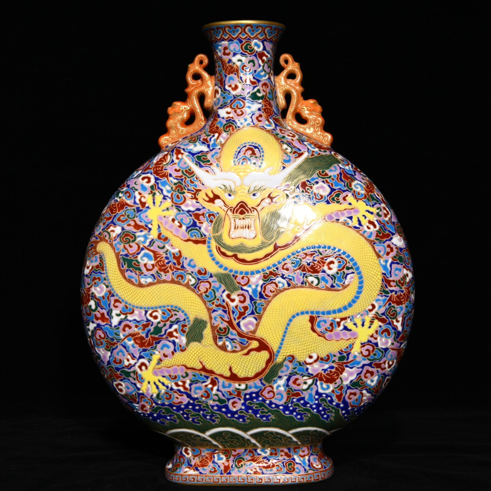 A Rare Famille-Rose Painted Gold Auspicious Cloud and Dragon Pattern Double-Ears Vase: A Rare Famille-Rose Painted Gold Auspicious Cloud and Dragon Pattern Double-Ears Vase,Qing Dynasty,China,Qianlong Four-character Mark,Size:14.6inx10.6in 粉彩描金祥云