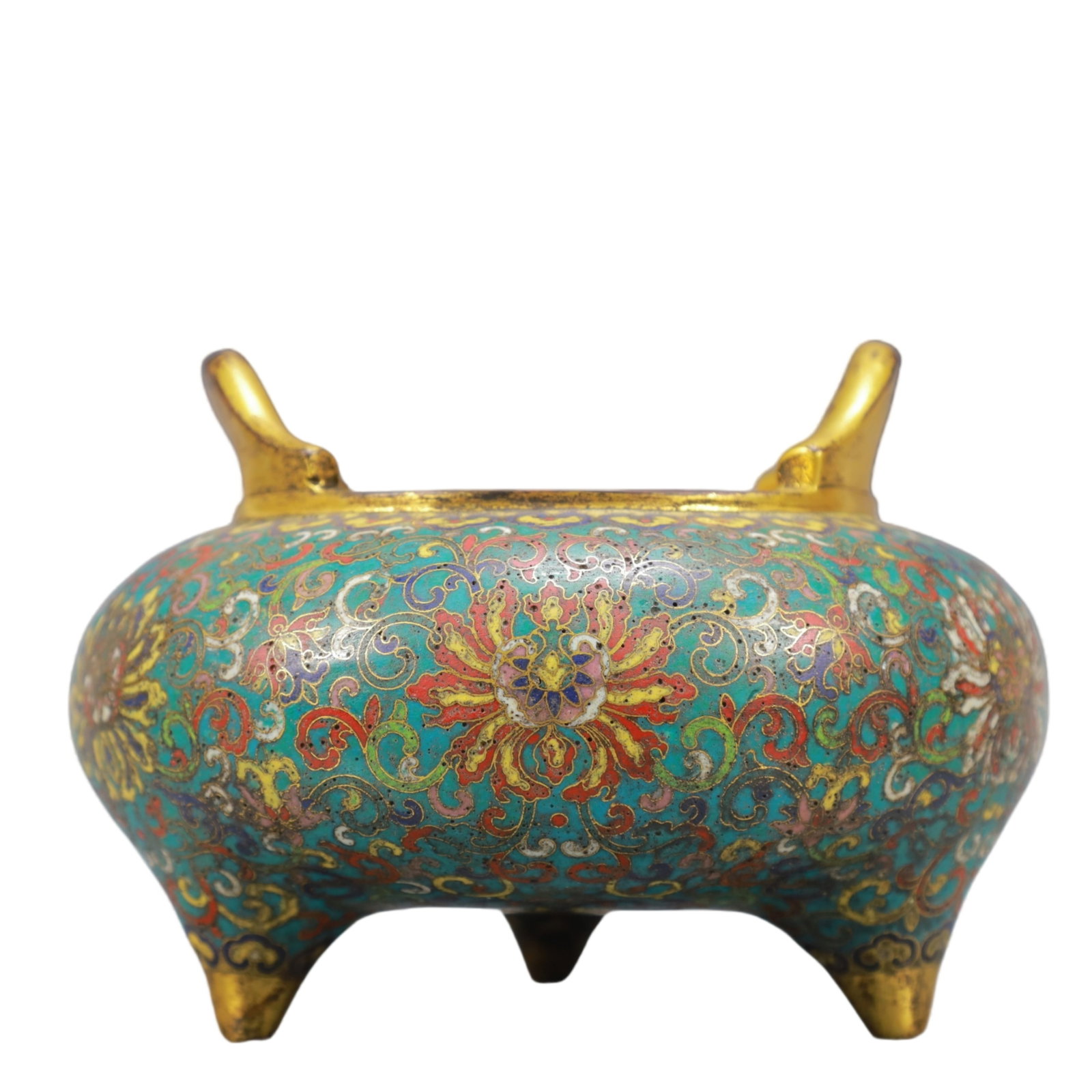 A Exquisite Cloisonne Lotus Pattern Double-Ears and Tripod Censer: A Exquisite Cloisonne Lotus Pattern Double-Ears and Tripod Censer Qing Dynasty, China Qianlong Four-character Mark ,Size:4.9inx6.7in Weight:1950g