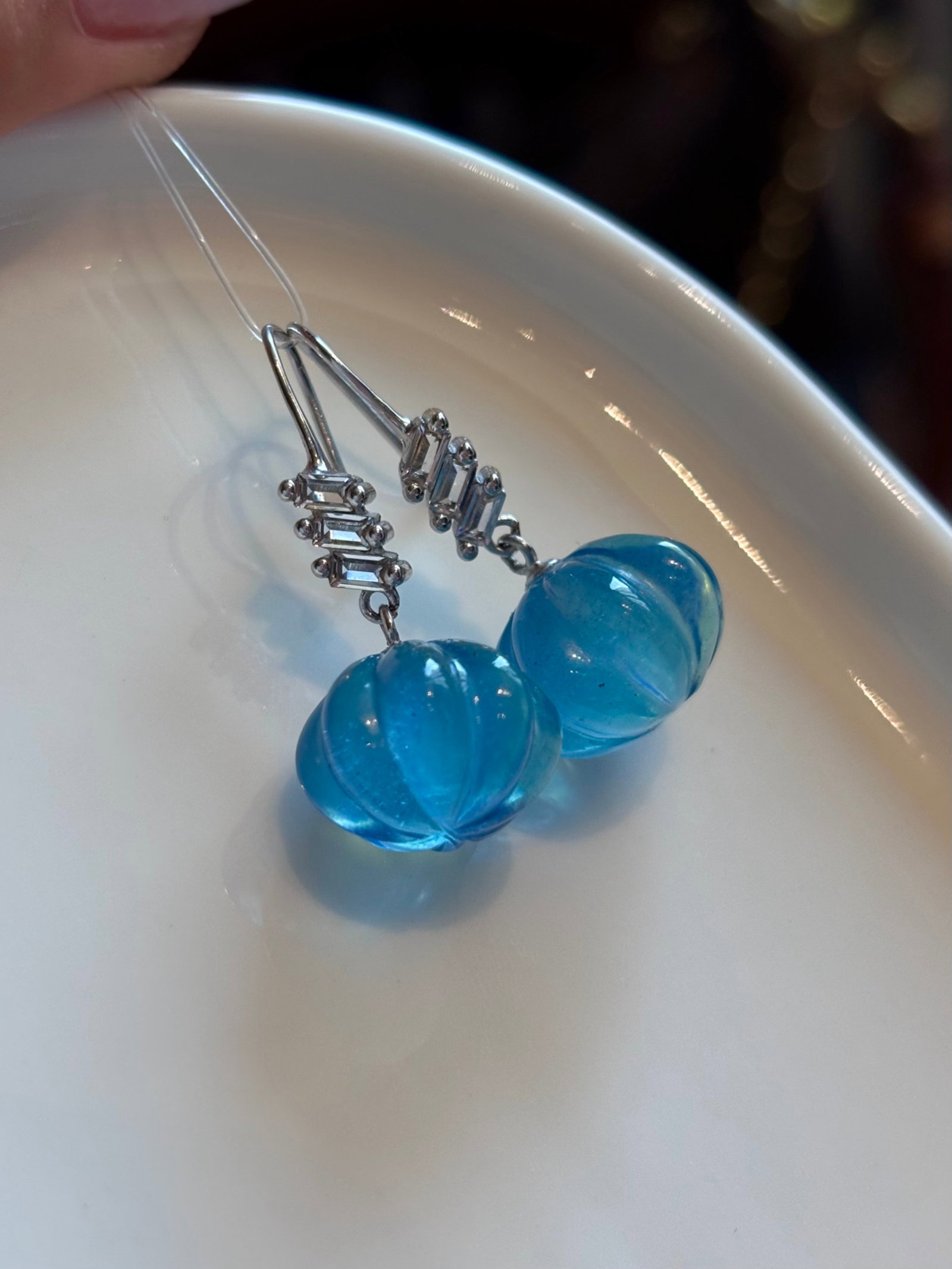 A Pair of Exquisite Sterling Silver Inlaid Aquamarine Pumpkin Earrings: A Pair of Exquisite Sterling Silver Inlaid Aquamarine Pumpkin Earrings,Size:15.3mm,Weight:7.7g 一对纯银镶海蓝宝南瓜耳环