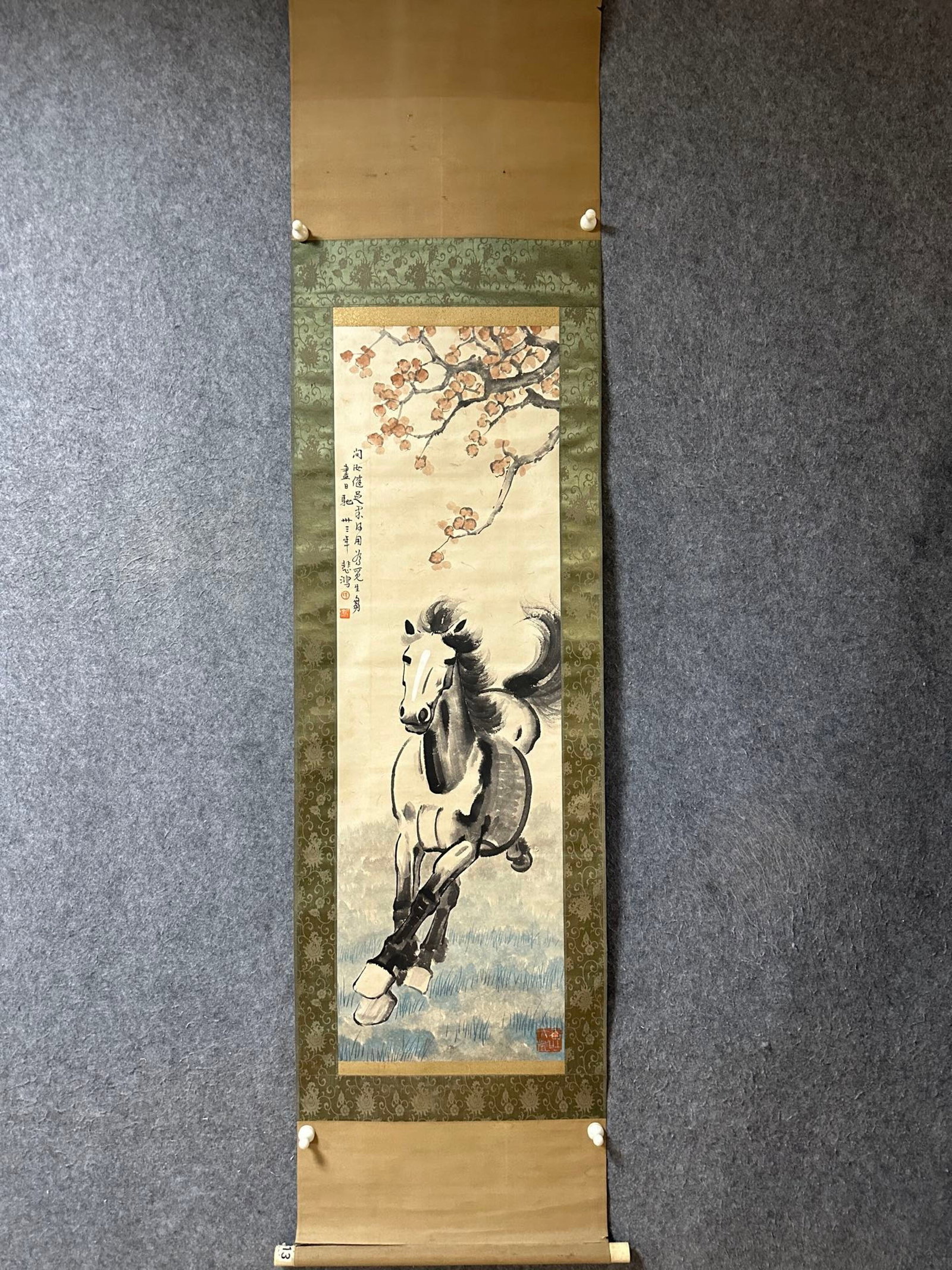 A Chinese Vertical Scroll Ink Painting of Horse on Paper: A Chinese Vertical Scroll Ink Painting of Horse on Paper,Xu Beihong,Size:45.3inx13.8in 一幅中国水墨骏马画立轴,徐悲鸿