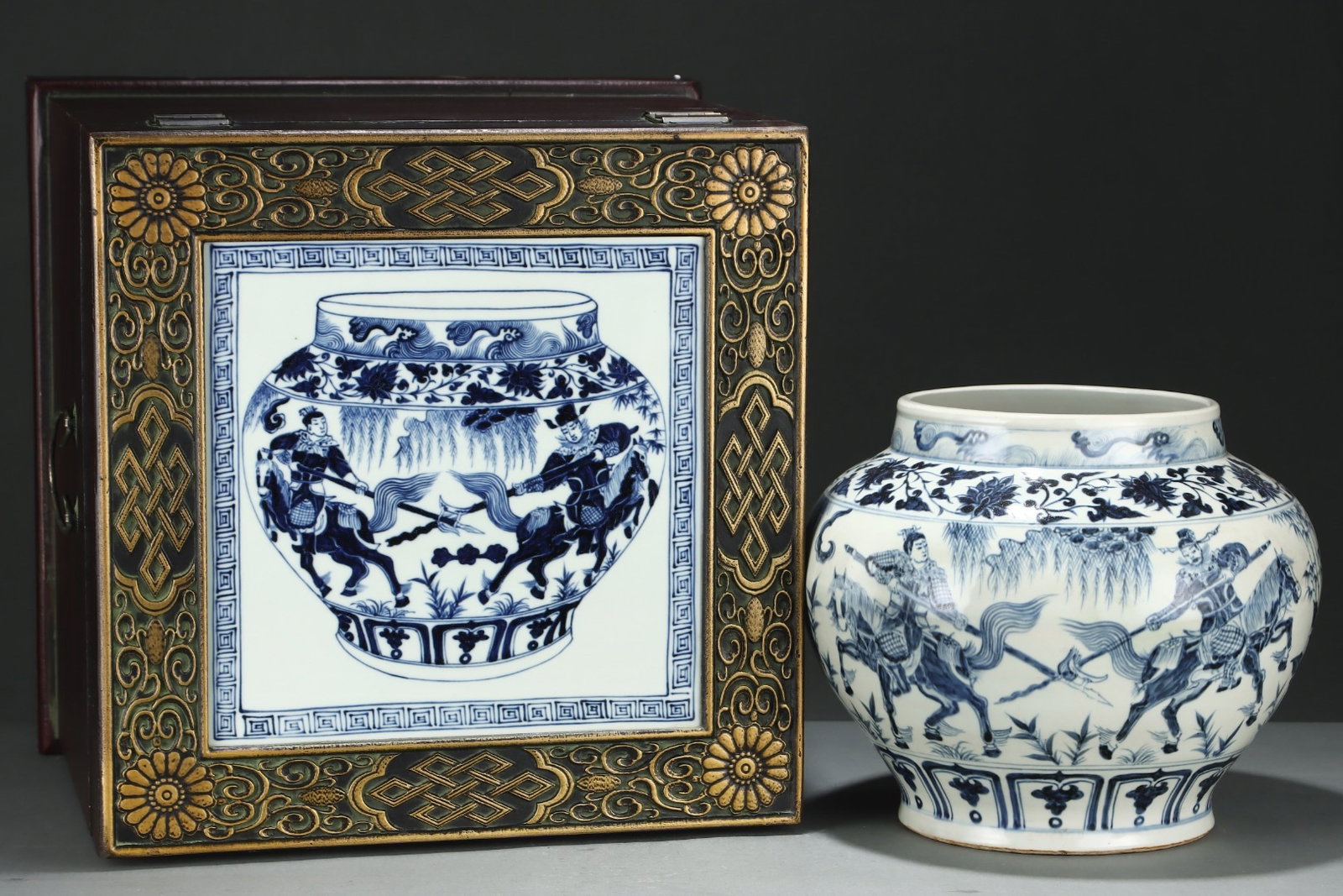 An Exquisite Blue and White Lotus Pattern Character and Story Pattern Jar: An Exquisite Blue and White Lotus Pattern Character and Story Pattern Jar,Yuan Dynasty,China,Size:10.7inx13in 青花缠枝莲纹人物故事纹&#