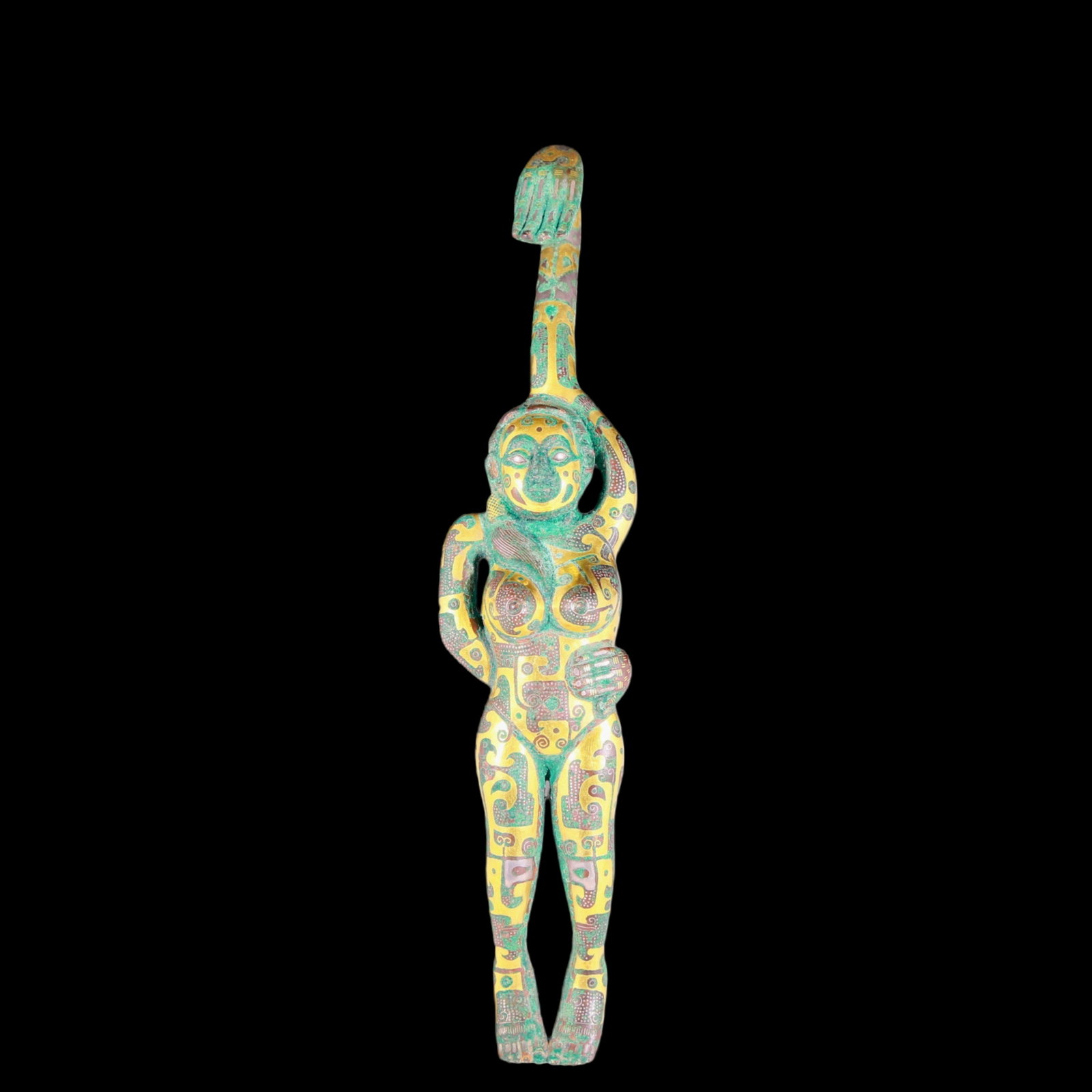 A precious bronze inlaid gold and silver figure with hook: A precious bronze inlaid gold and silver figure with hook, ancient times, Size: 7.3inx1.6inx1.2in, Weight: 248.3g 铜嵌金银人物带钩，远ࡣ
