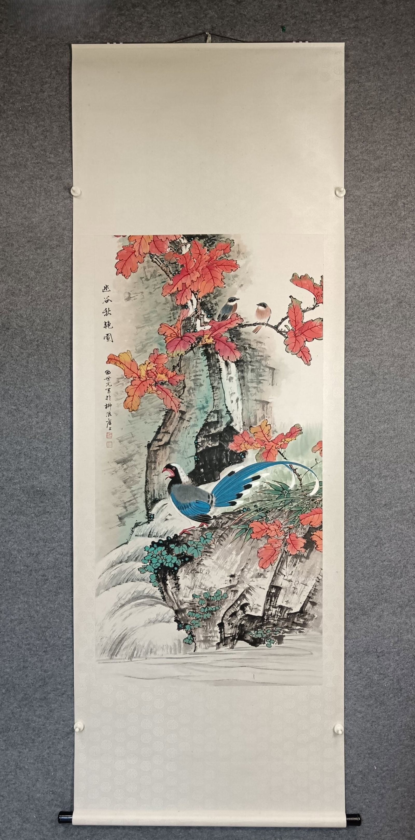 A Chinese Vertical Scroll Ink Painting of Flower and Bird on Paper: A Chinese Vertical Scroll Ink Painting of Flower and Bird on Paper,Tian Shiguang,Size:27.2inx53.5in