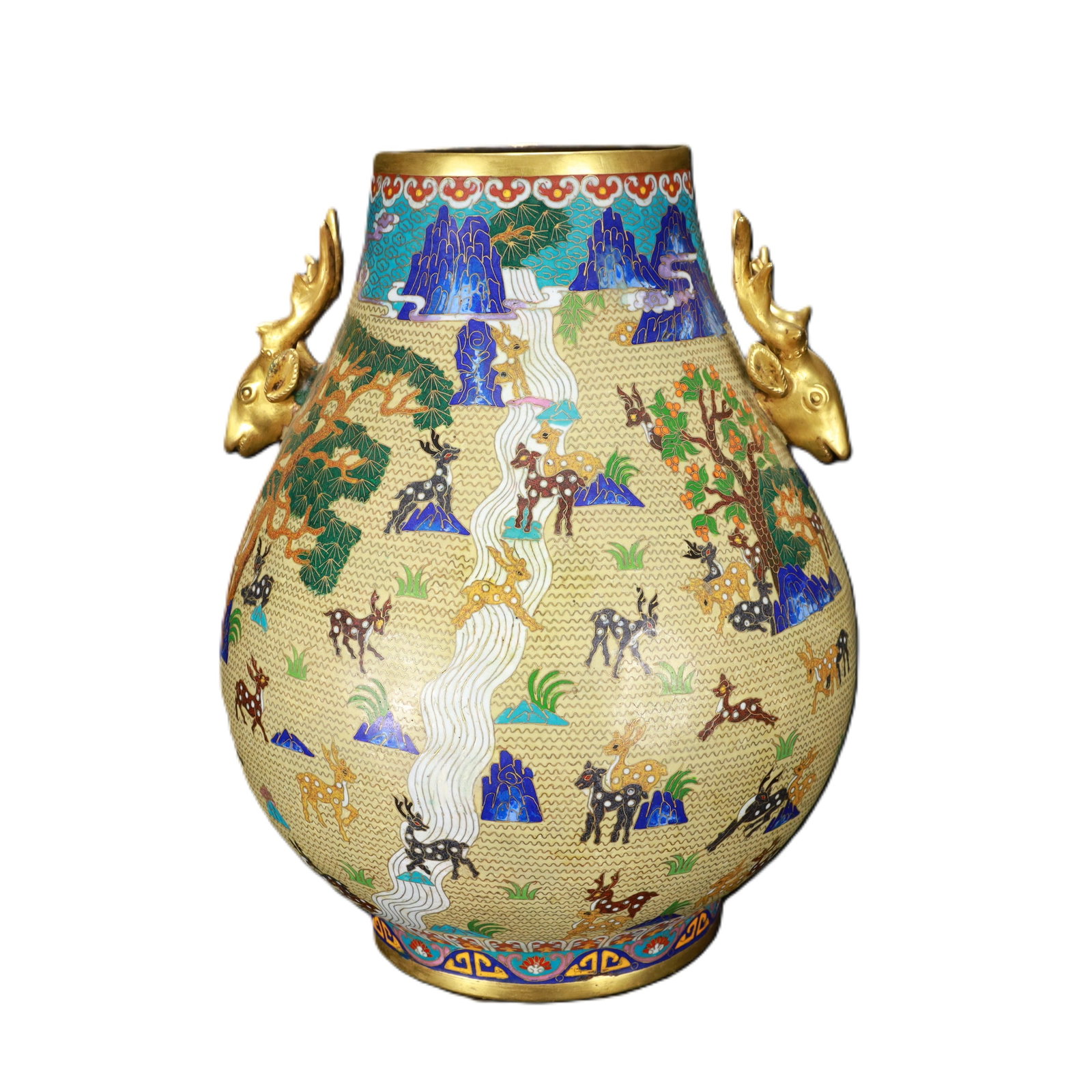 An Exquisite Cloisonne Pine and Deer Pattern Double-Ears Jar: An Exquisite Cloisonne Pine and Deer Pattern Double-Ears Jar,Qing Dynasty,China,Qianlong Six-character Mark,Size:14.2inx13.8in,Weight:11600g 景泰蓝松鹿纹双