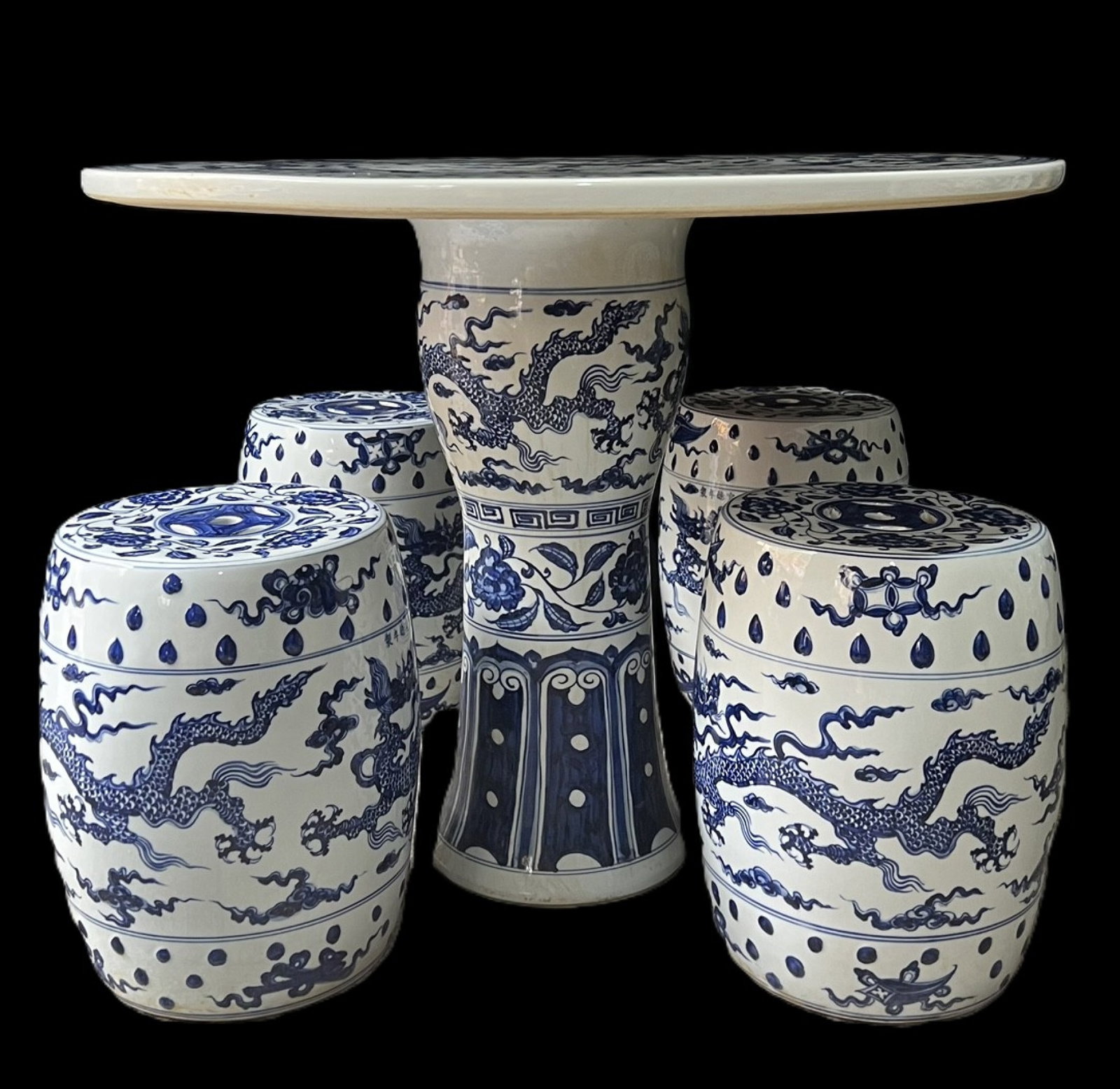 A Set of Huge Blue and White Auspicious Cloud and Dragon Pattern Ornaments: A Set of Huge Blue and White Auspicious Cloud and Dragon Pattern Ornaments,Ming Dynasty,China,Xuande Six-character Mark,Size:(Table)27.2inx35.4in,(Stool)15.7inx12.2in
