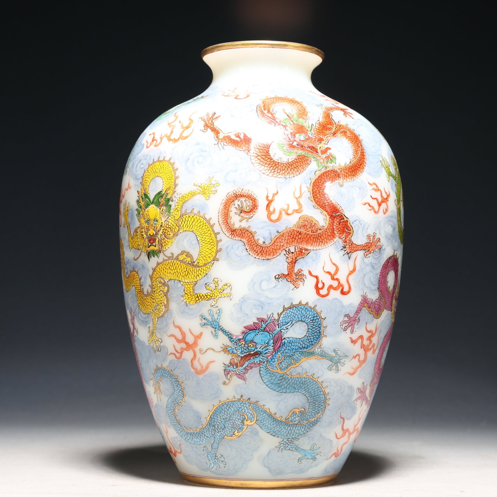 An Exquisite Glass Enamel Painted Gold Auspicious Cloud and Dragon Pattern Vase: An Exquisite Glass Enamel Painted Gold Auspicious Cloud and Dragon Pattern Vase,Qing Dynasty,China,Yongzheng Four-character Mark,Size:5.1inx9.1in