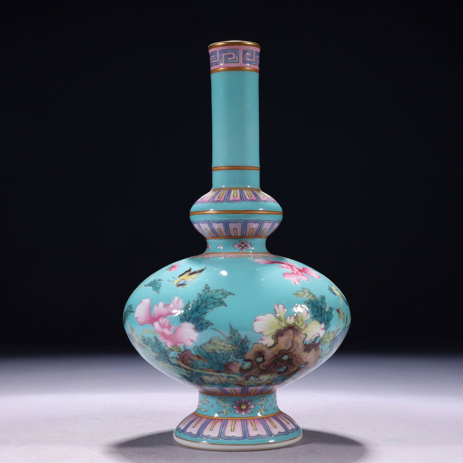 An Exquisite Turquoise Glazed Famille-Rose Painted Gold Flower and Butterfly Pattern Vase,with poem: An Exquisite Turquoise Glazed Famille-Rose Painted Gold Flower and Butterfly Pattern Vase,with poem,Qing Dynasty,China,Yongzheng Six-character Mark,Size:5.1inx9.4in,Weight:1600g