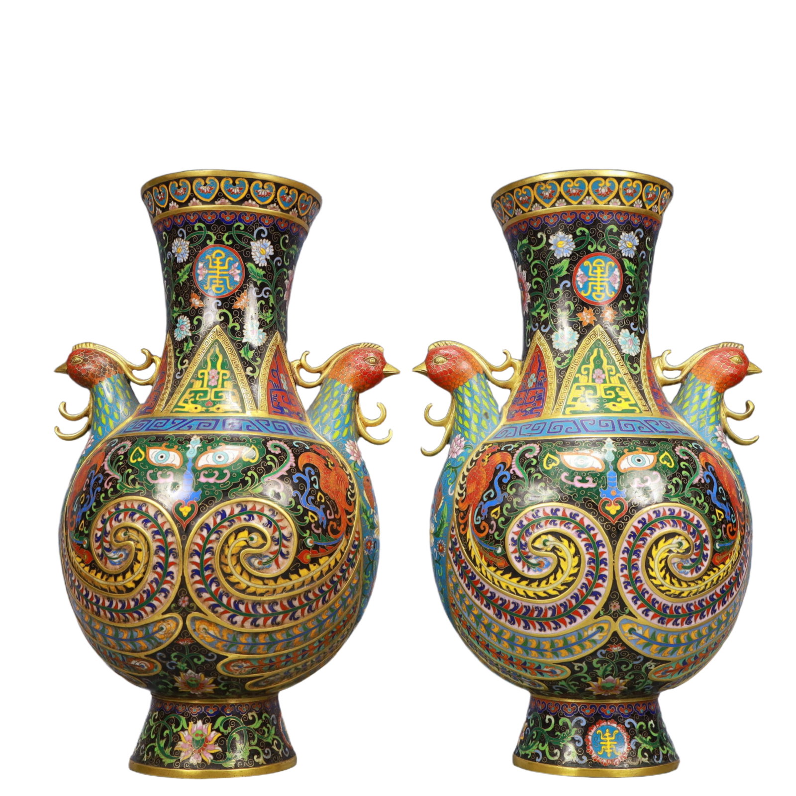 A Pair of Huge Cloisonne Beast-Face Pattern Phoenix-Ears Vase: A Pair of Huge Cloisonne Beast-Face Pattern Phoenix-Ears Vase, Qing Dynasty, China, Qianlong Four-character Mark, Size:11.8inx9.1inx19.3in, Weight:20950g