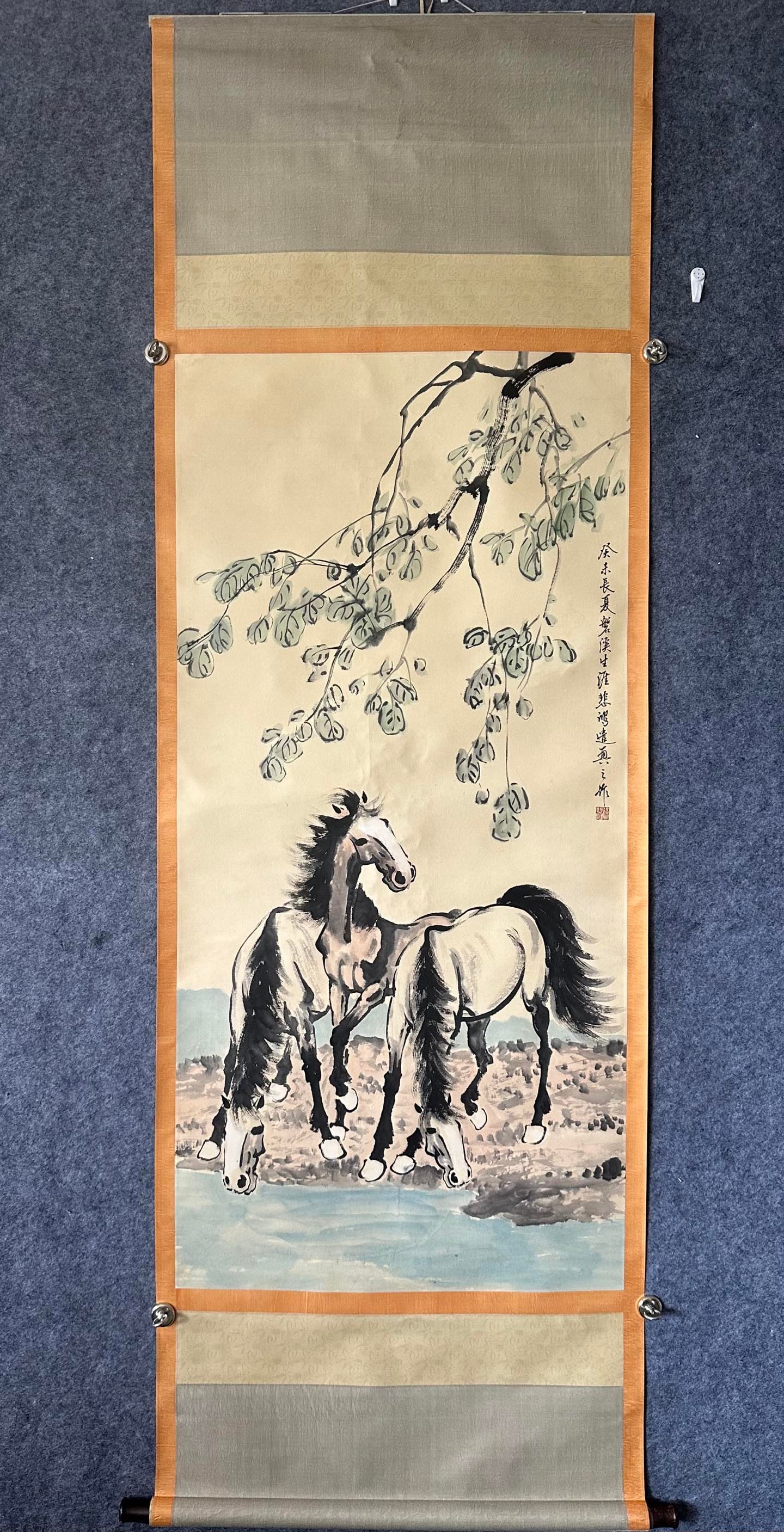 A Chinese Vertical Scroll Ink Painting of Horse on Paper: A Chinese Vertical Scroll Ink Painting of Horse on Paper,Xu Beihong,Size:53.9inx26.2in 一幅中国水墨马图立轴,徐悲鸿
