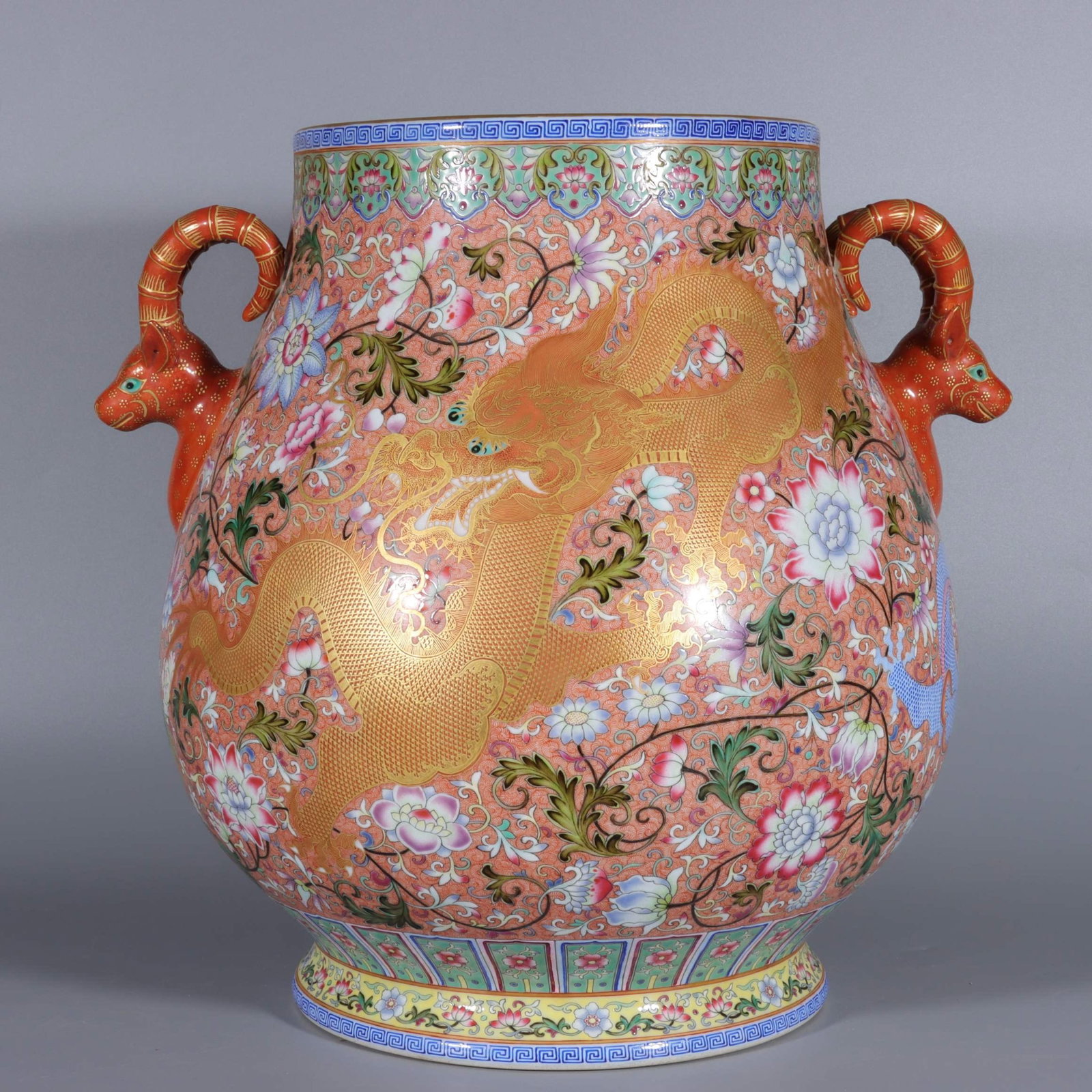 A Rare Famille-Rose Painted Gold Flower and Dragon Pattern Sheep-Ears Vase: A Rare Famille-Rose Painted Gold Flower and Dragon Pattern Sheep-Ears Vase,Qing Dynasty,China,Qianlong Four-character Mark,Size:15inx8.6in 粉彩描金花卉龙ń