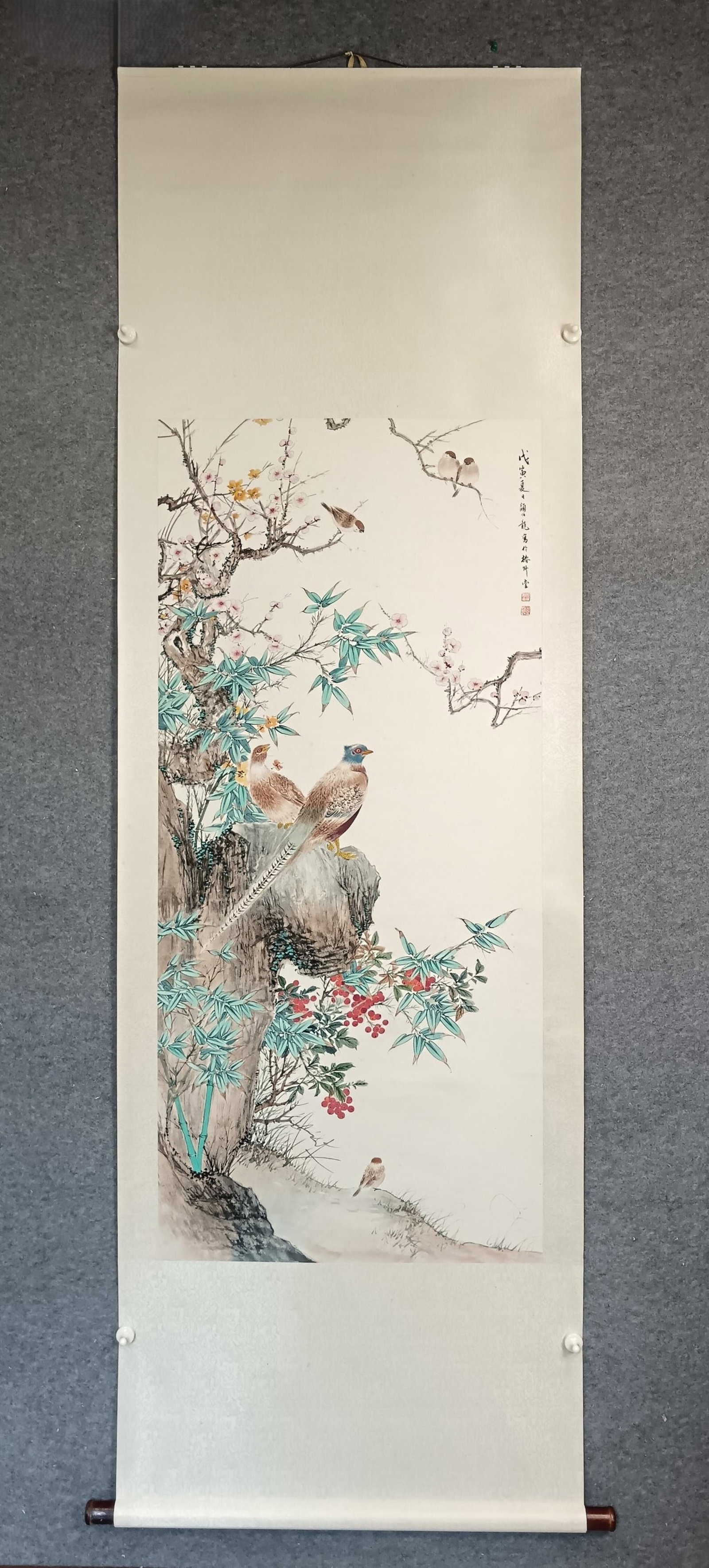 A Chinese Vertical Scroll Ink Painting of Flower and Bird on Paper: A Chinese Vertical Scroll Ink Painting of Flower and Bird on Paper,Yan Bailong,Size:24.4inx53.5in 一幅中国水墨花鸟画立轴,颜Ê