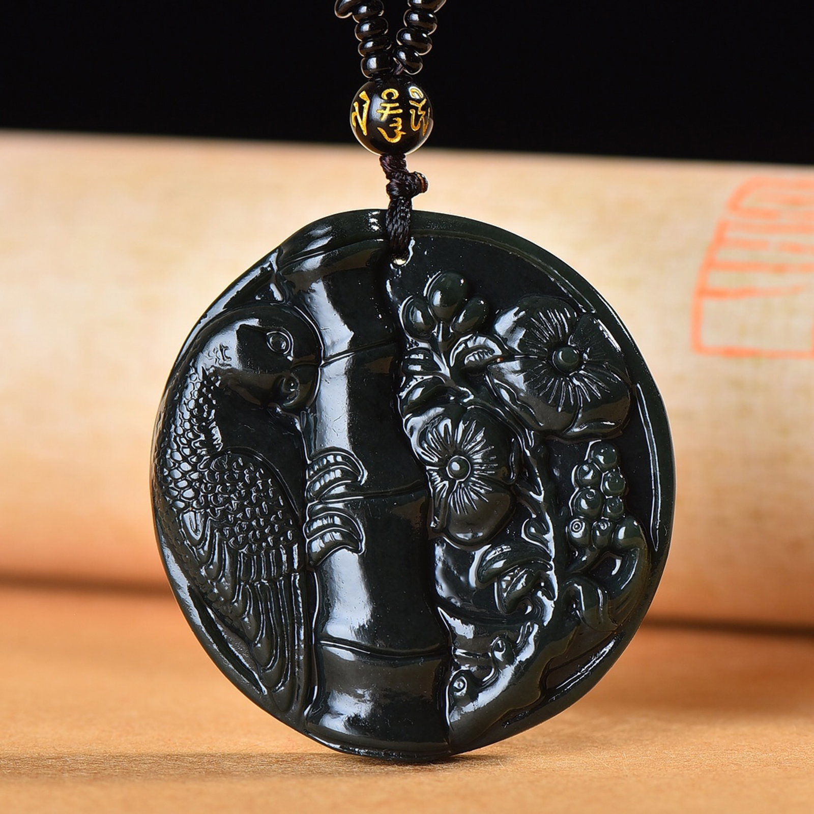 An Exquisite Sapphire Flower and Bird Pattern Pendant: An Exquisite Sapphire Flower and Bird Pattern Pendant,Size:46mm-49mm 青玉花鸟纹吊坠
