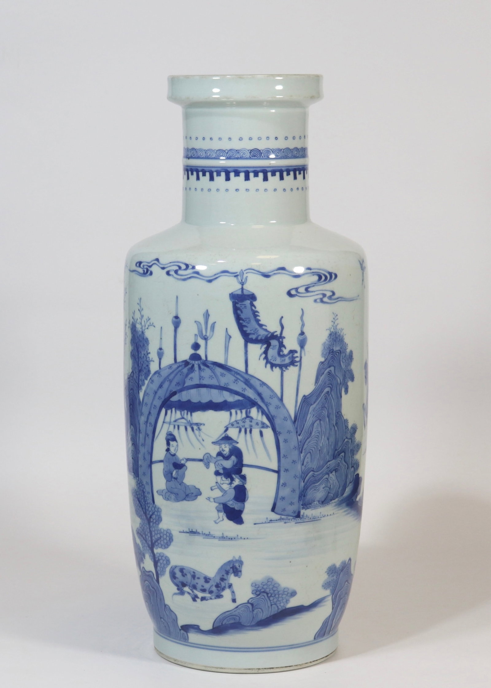 A Huge Blue and White Character and Story Pattern Vase: A Huge Blue and White Character and Story Pattern Vase,Qing Dynasty,China,Kangxi Six-character Mark,Size:18.1inx7.3in 青花人物故事纹瓶,中国&