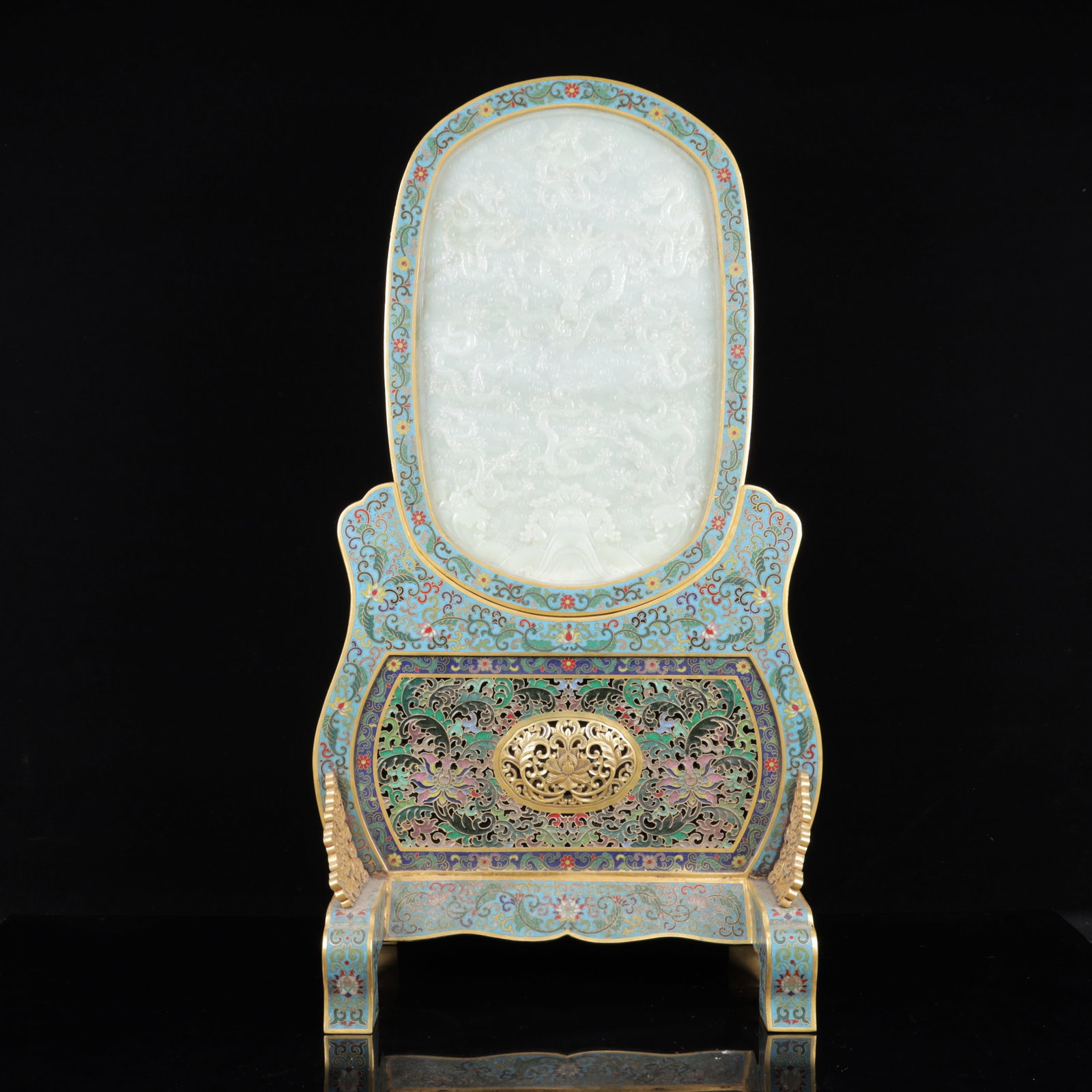 An Exquisite Cloisonne Inlaid White Jade Dragon Pattern Table Screen,with poem (1 of 17)