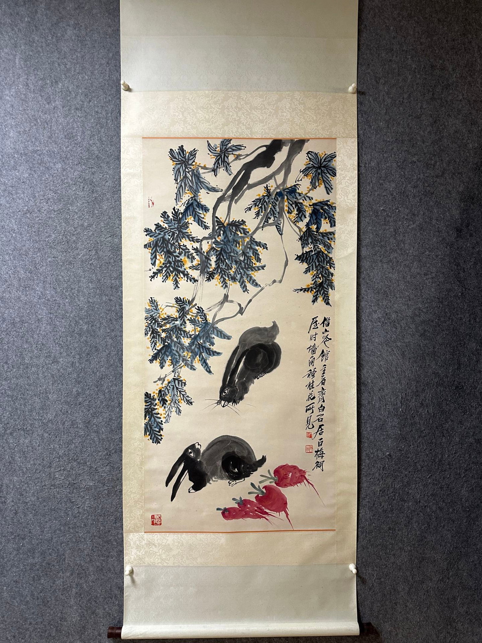 A Chinese Vertical Scroll Ink Painting of Rabbit on Paper: A Chinese Vertical Scroll Ink Painting of Rabbit on Paper,Qi Baishi,Size:54.3inx27.2in 一幅中国水墨兔子画立轴,齐白石