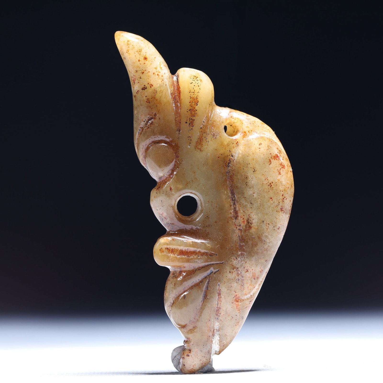 An Archaic Hongshan Culture Greenish Jade Beast-Face Pattern Pendant: An Archaic Hongshan Culture Greenish Jade Beast-Face Pattern Pendant,Ancient Time,China,Size:1.8inx0.4inx3.7in,Weight:86g 红山文化青白玉兽面ಬ