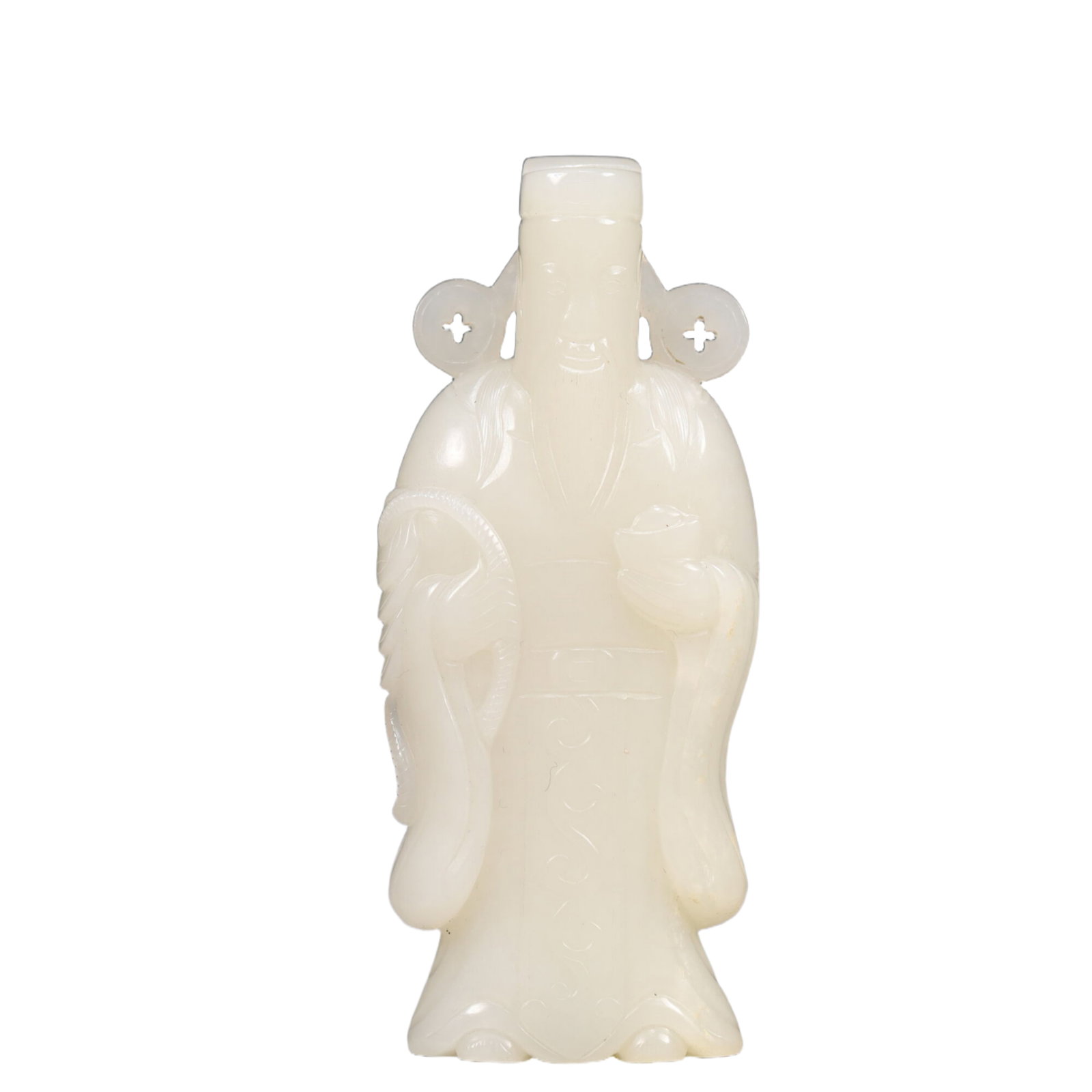 An Exquisite White JadeStatue of Mammon: An Exquisite White JadeStatue of Mammon, Qing Dynasty, China,Size:1.6inx0.6inx3.7in,Weight:100g 白玉财神像, 中国清代
