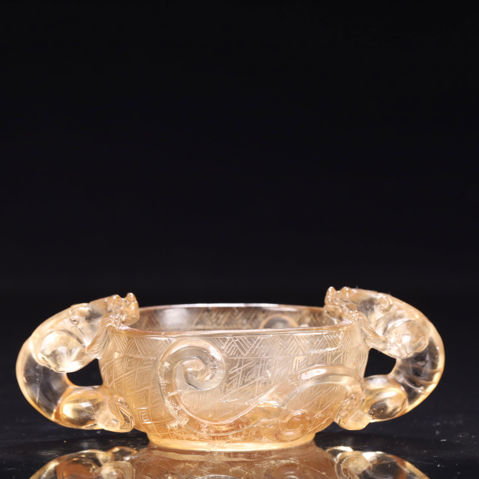 An Exquisite Crystal Chi-Dragon-Ears Cup: An Exquisite Crystal Chi-Dragon-Ears Cup,Qing Dynasty, China,Size:4.7inx2.8inx1.2in,Weight:150g 水晶螭龙耳杯,中国清代