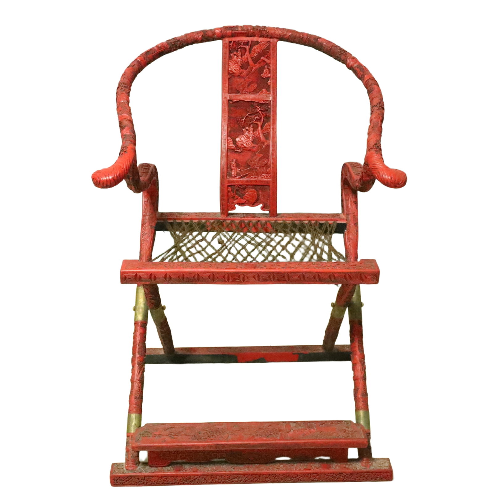 A Huge Carved Red Lacquer Landscape and Figure Pattern Chair: A Huge Carved Red Lacquer Landscape and Figure Pattern Chair,Qing Dynasty, China,Qianlong Six-character Mark,Size:25.6inx28.7inx40.6in 剔红漆山水人物纹&