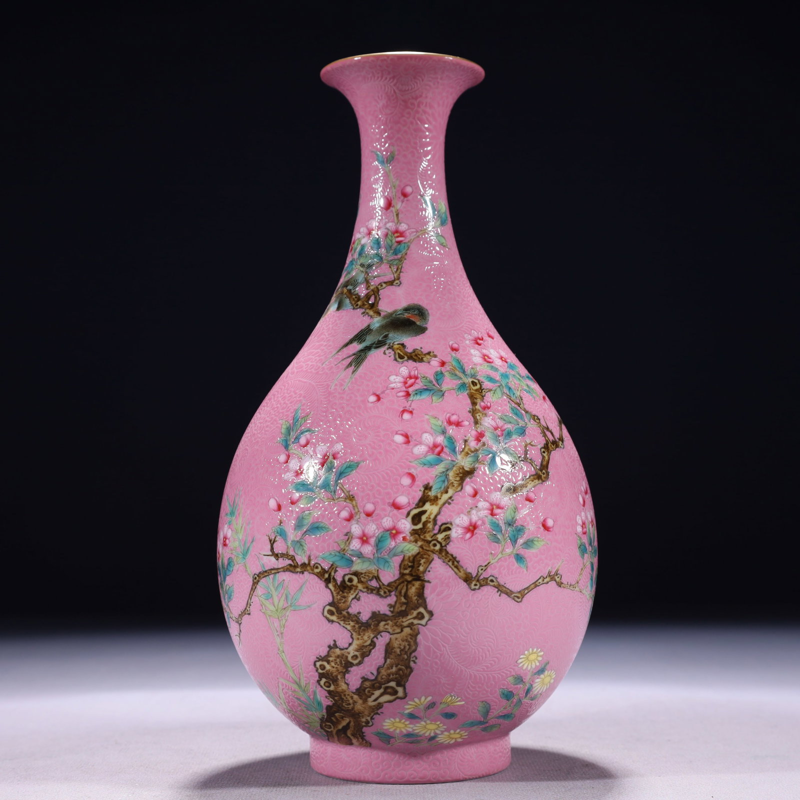 An Exquisite Pink Ground Famille-Rose Painted Gold Flower and Bird Pattern Vase,with poem: An Exquisite Pink Ground Famille-Rose Painted Gold Flower and Bird Pattern Vase,with poem,Qing Dynasty,China,Yongzheng Six-character Mark,Size:4.3inx9.1in,Weight:1100g 粉地粉彩