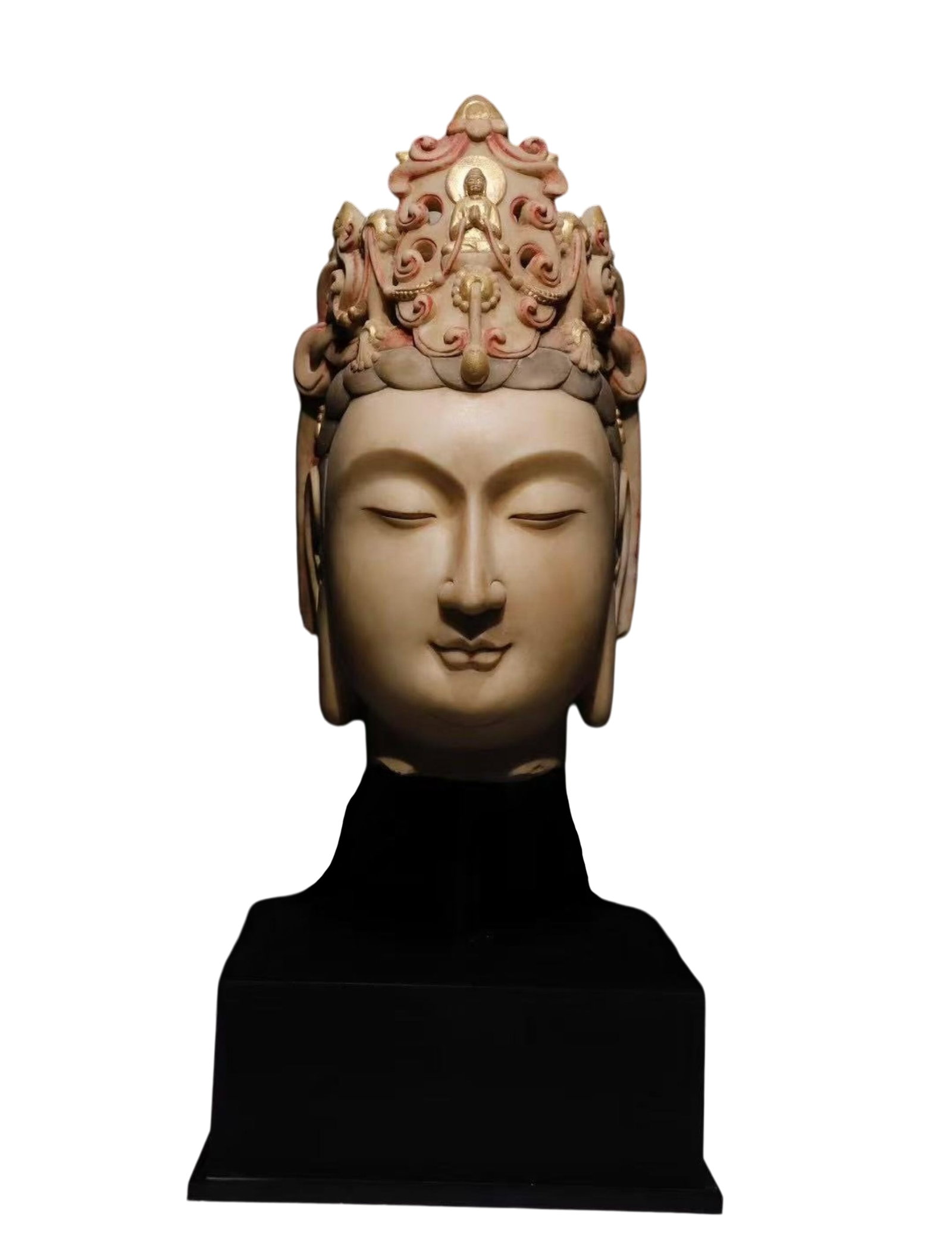 A Solemn Marble Painted Color Avalokitesvara-Head Ornament: A Solemn Marble Painted Color Avalokitesvara-Head Ornament,N.Qi , China,Size:15in 一尊庄严的汉白玉彩绘观音头像ਇ