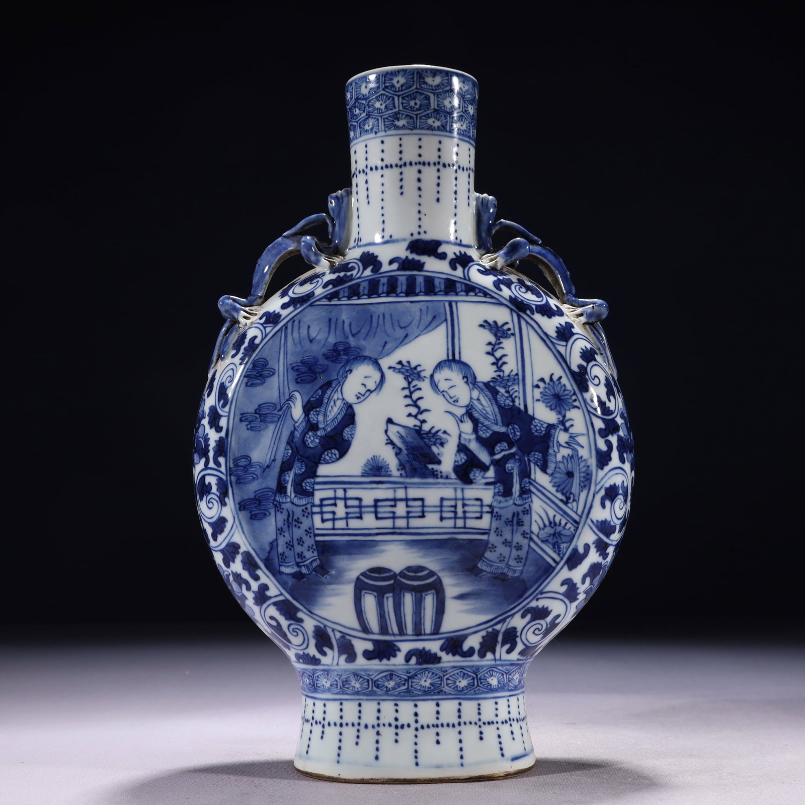 An Exquisite Blue and White Character and Story Pattern Double-Ears Vase: An Exquisite Blue and White Character and Story Pattern Double-Ears Vase,Qing Dynasty,China,Kangxi Four-character Mark,Size:7.1inx3inx11.4in,Weight:1150g 青花人物故ߚ