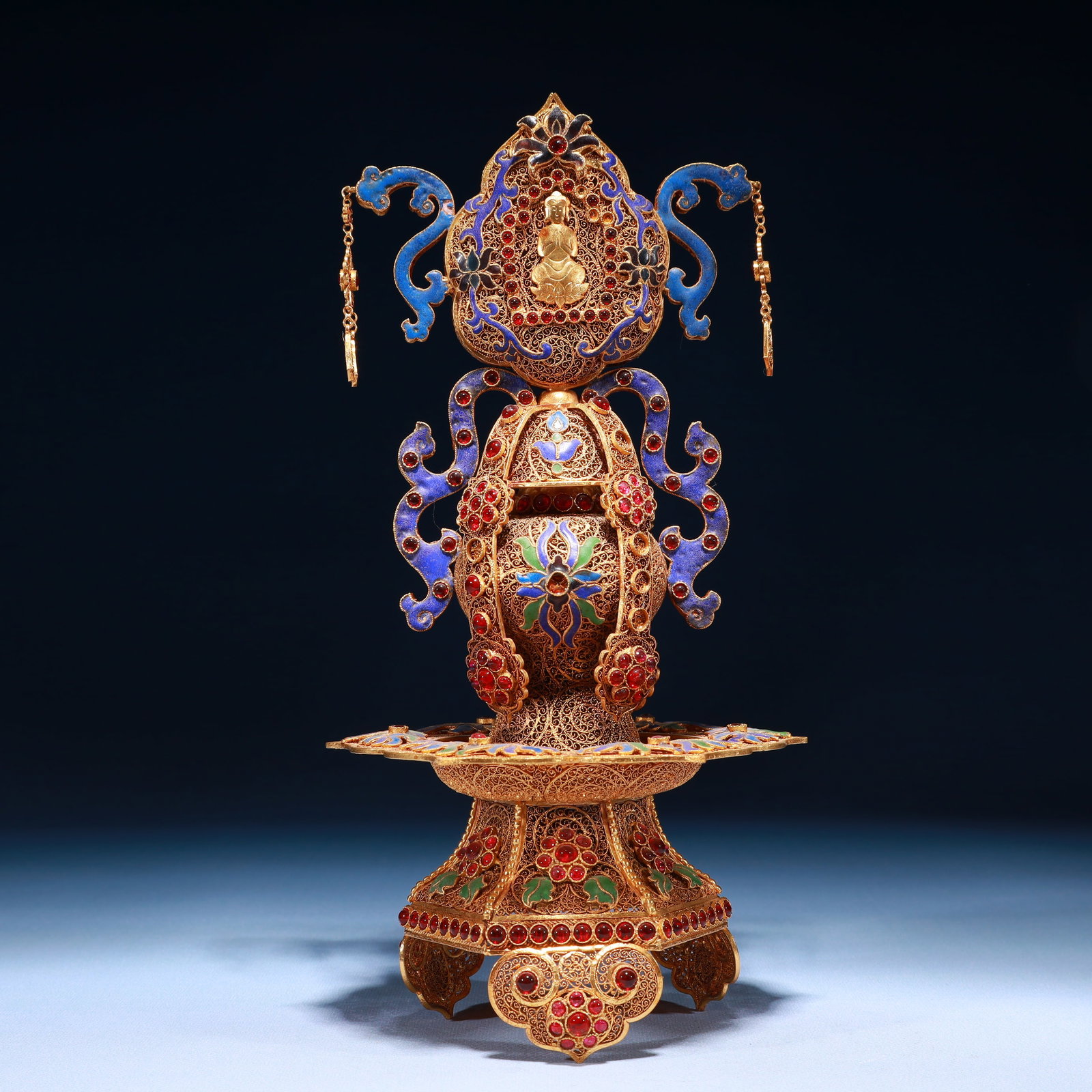 An Exquisite Filigree and Gilding Lotus Pattern Double-Ears and Tripod Ornament,Inlaid Gems: An Exquisite Filigree and Gilding Lotus Pattern Double-Ears and Tripod Ornament,Inlaid Gems,Qing Dynasty,China,Qianlong Four-character Mark,Size:5.9inx12.2in,Weight:750g 掐丝鎏ດ