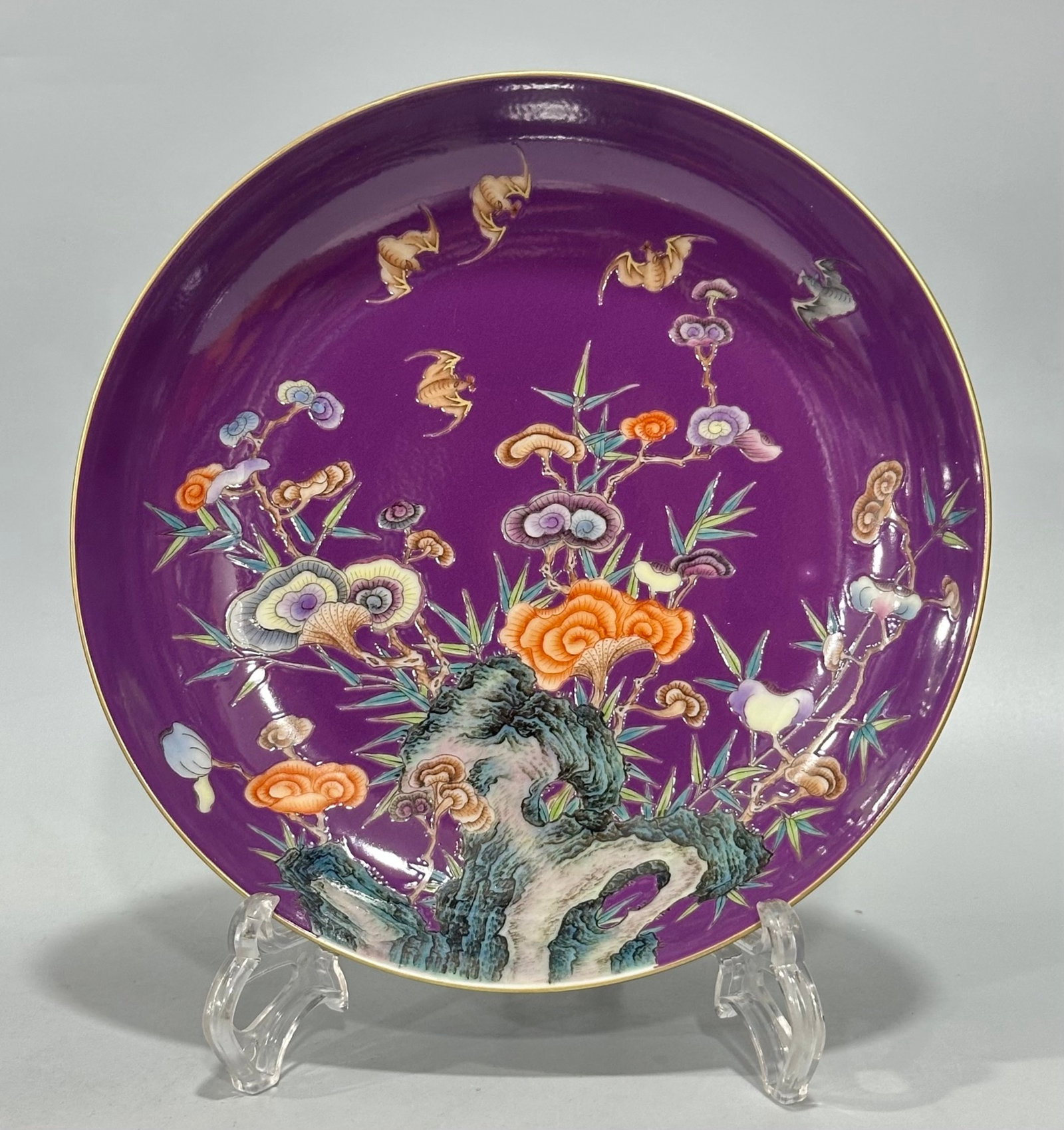 An Exquisite Purple Ground Enamel Bats Pattern Plate: An Exquisite Purple Ground Enamel Bats Pattern Plate,Qing Dynasty,China,Yongzheng Six-character Mark,Size:1.8inx8.1in