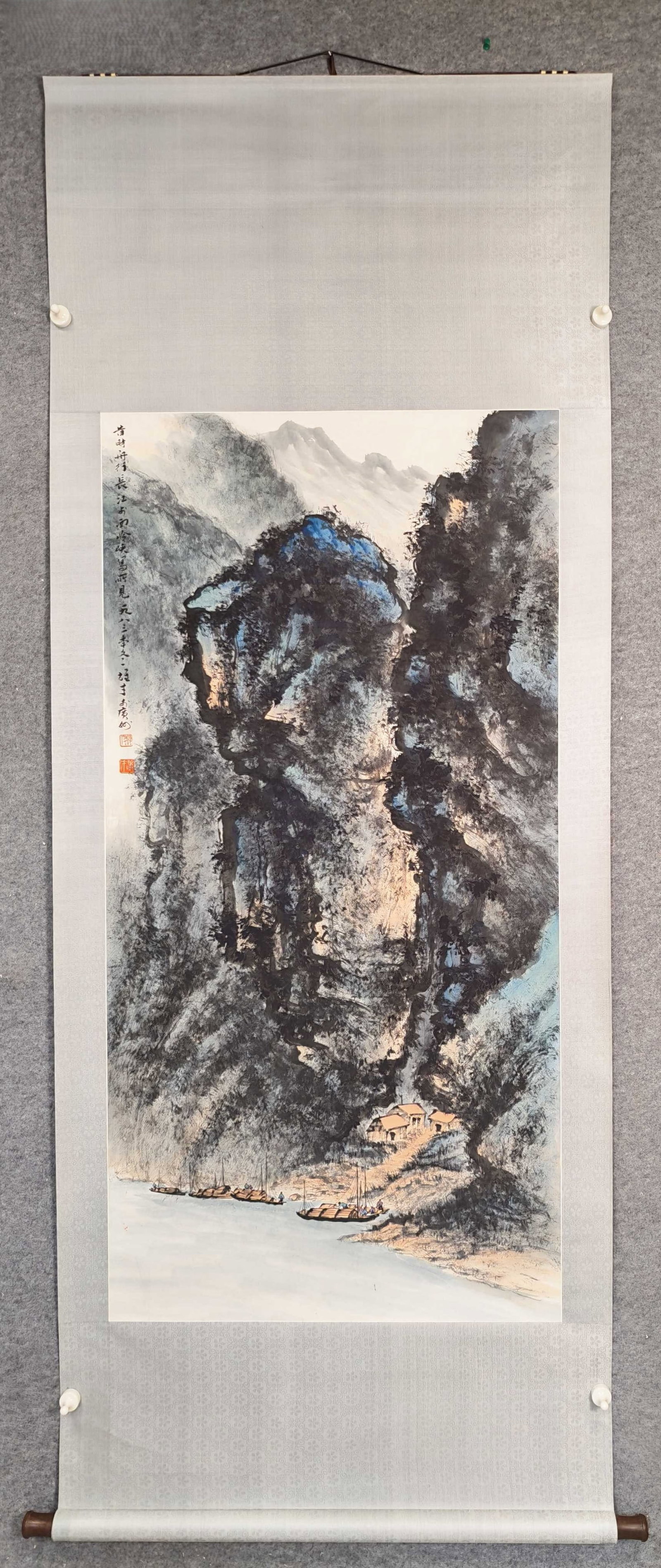 A Chinese Vertical Scroll Ink Painting of Landscape on Paper: A Chinese Vertical Scroll Ink Painting of Landscape on Paper,Li Xiongcai,Size:26.4inx54.3in 一幅中国水墨山水画立轴,黎雄