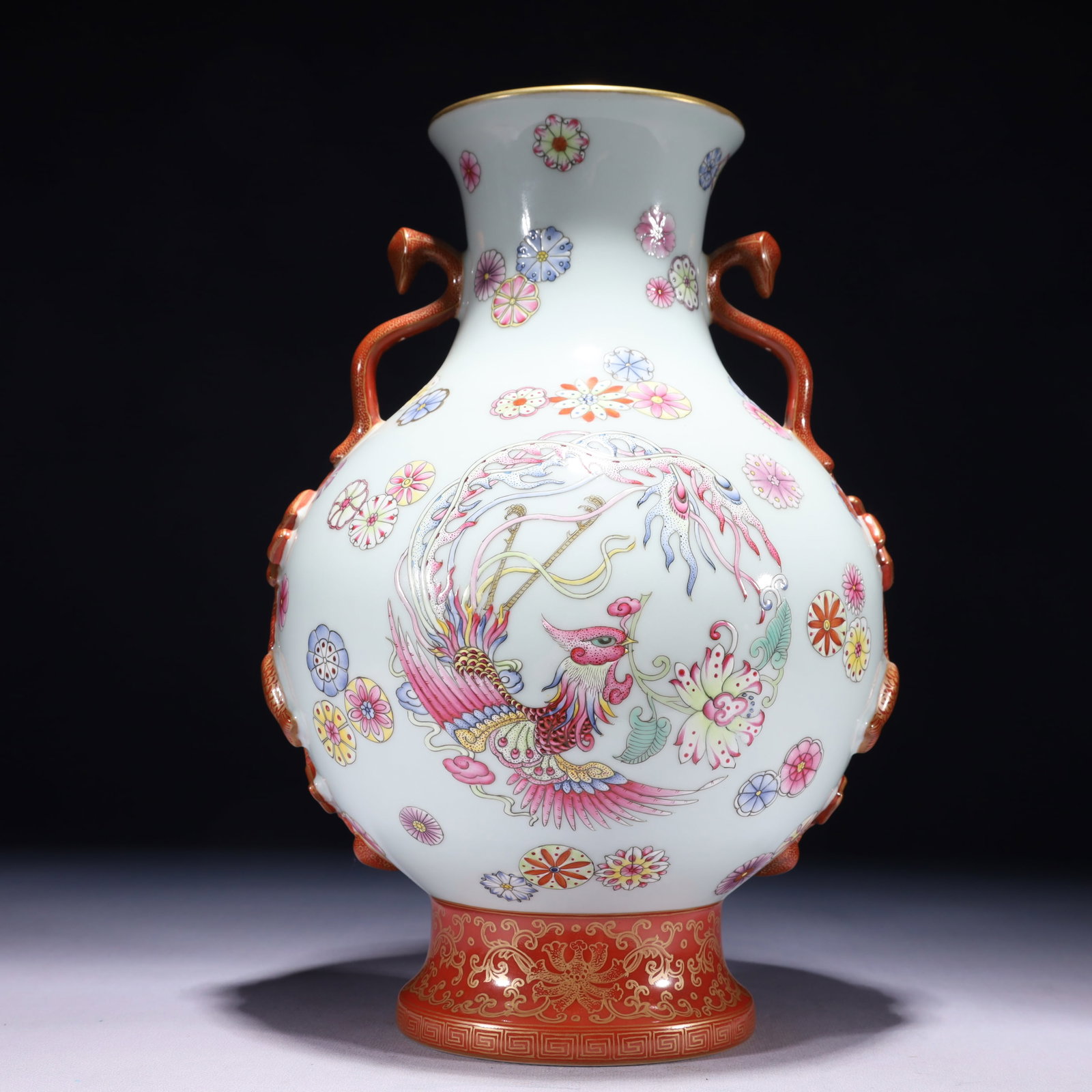 An Exquisite Famille-Rose Painted Gold Flower and Phoenix Pattern Double-Ears Vase: An Exquisite Famille-Rose Painted Gold Flower and Phoenix Pattern Double-Ears Vase